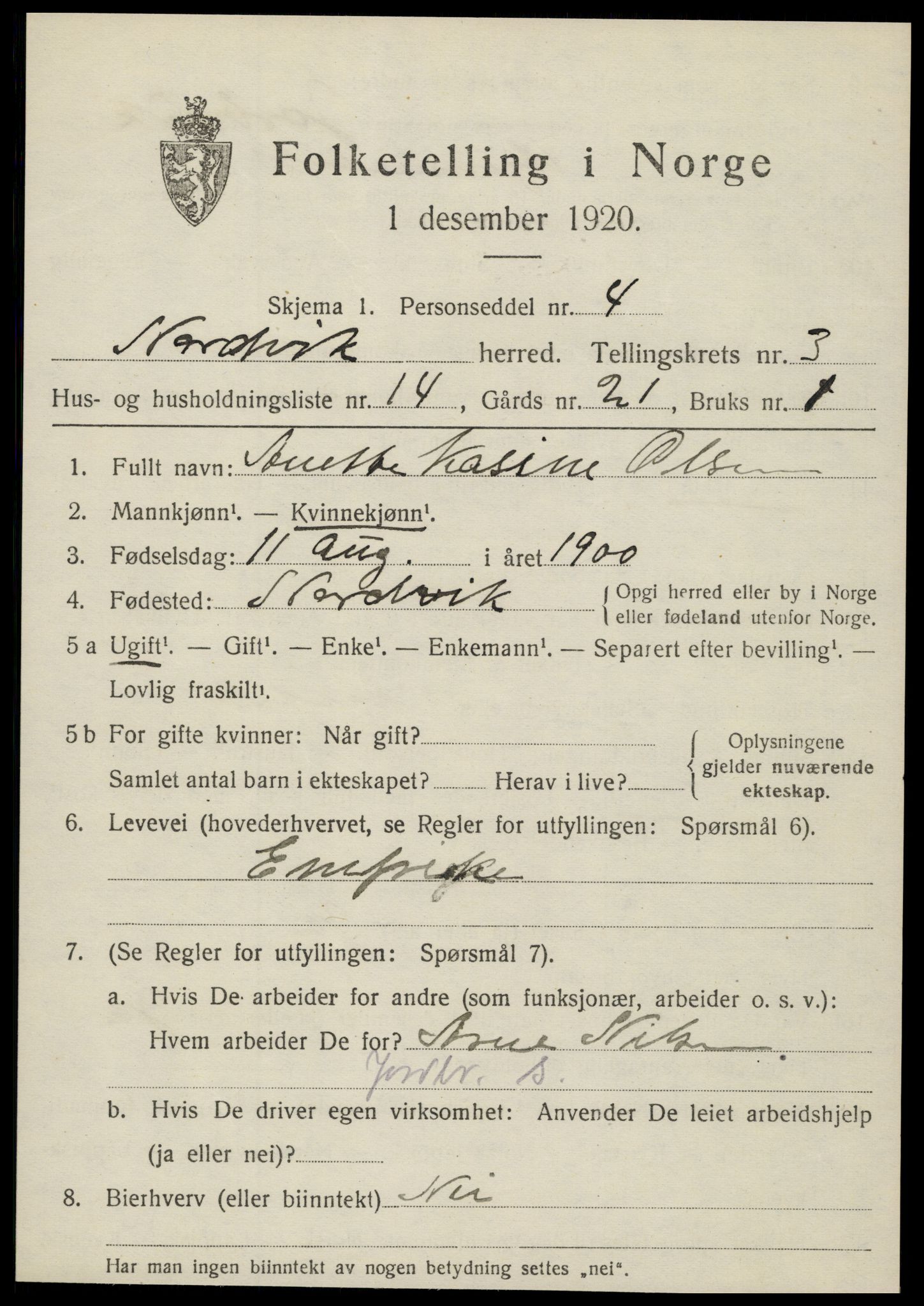 SAT, 1920 census for Nordvik, 1920, p. 1446