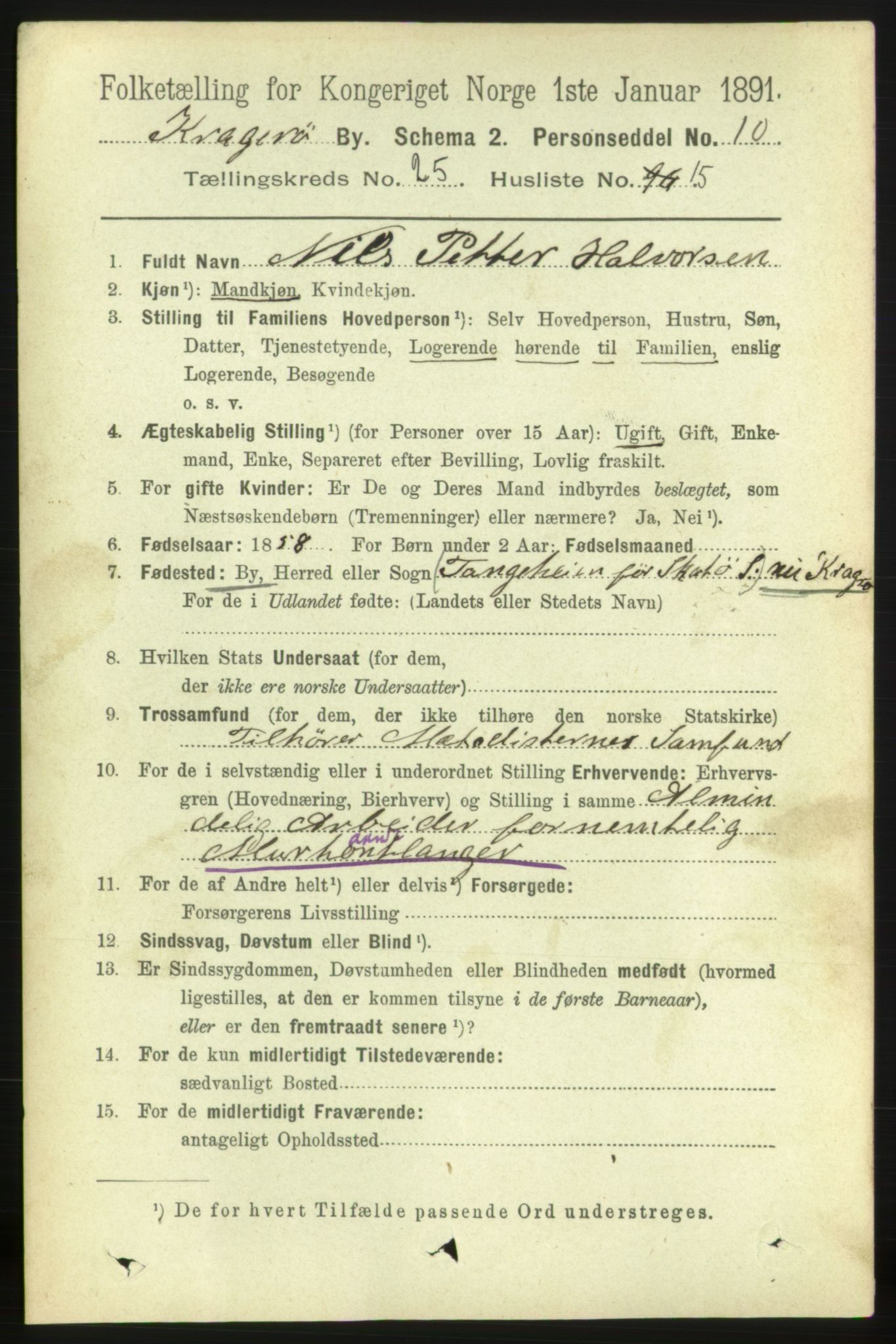 RA, 1891 census for 0801 Kragerø, 1891, p. 5212