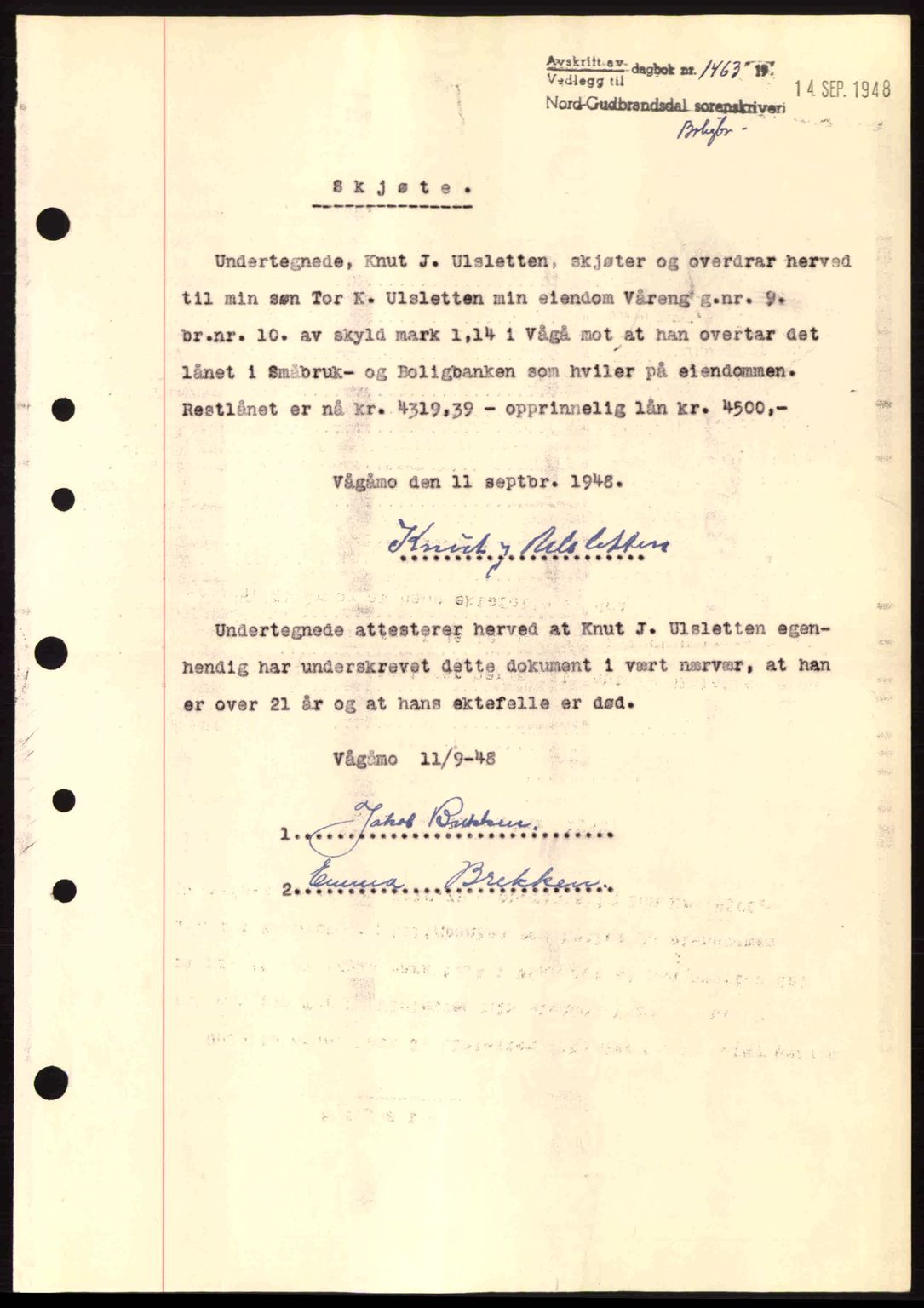 Nord-Gudbrandsdal tingrett, AV/SAH-TING-002/H/Hb/Hbb/L0020: Mortgage book no. FA20, 1948-1948, Diary no: : 1463/1948