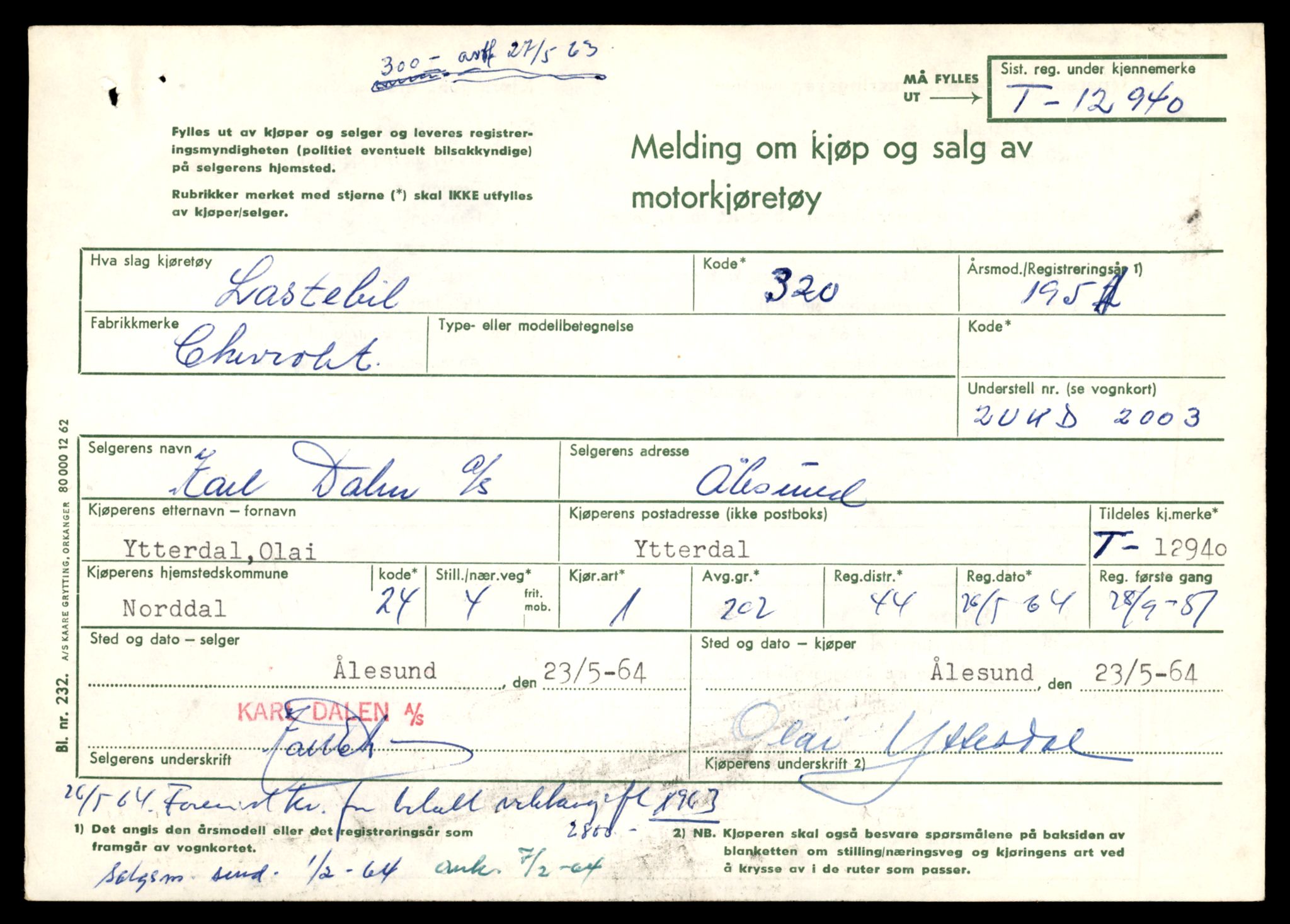 Møre og Romsdal vegkontor - Ålesund trafikkstasjon, AV/SAT-A-4099/F/Fe/L0036: Registreringskort for kjøretøy T 12831 - T 13030, 1927-1998, p. 1715