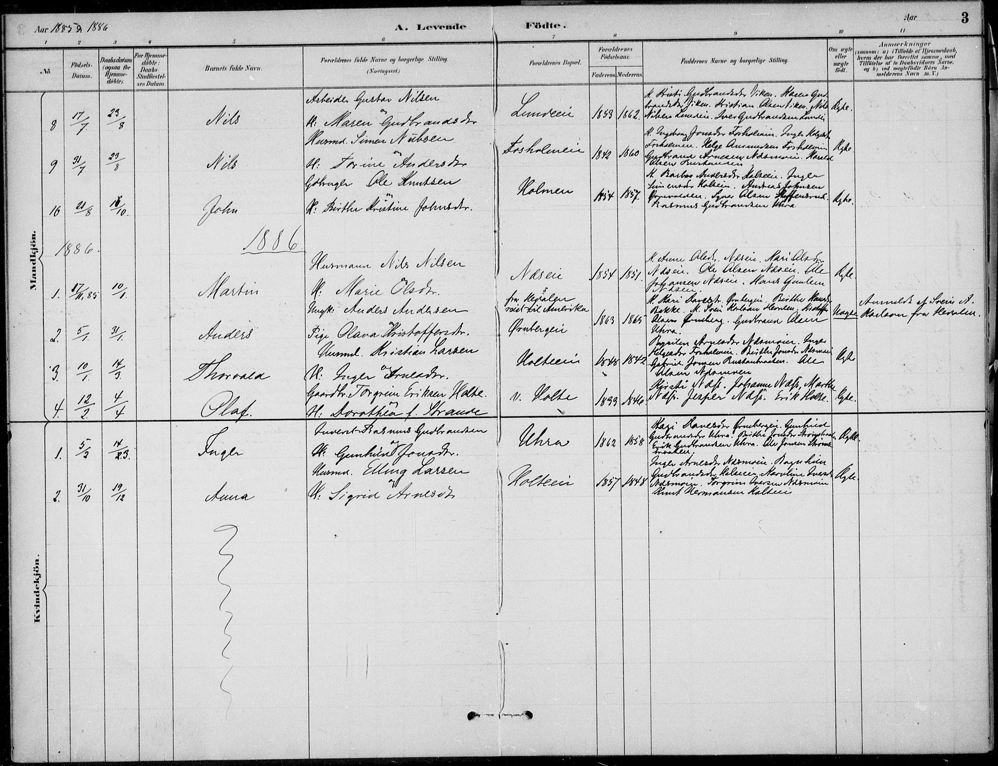 Ådal kirkebøker, AV/SAKO-A-248/F/Fa/L0004: Parish register (official) no. I 4, 1884-1904, p. 3