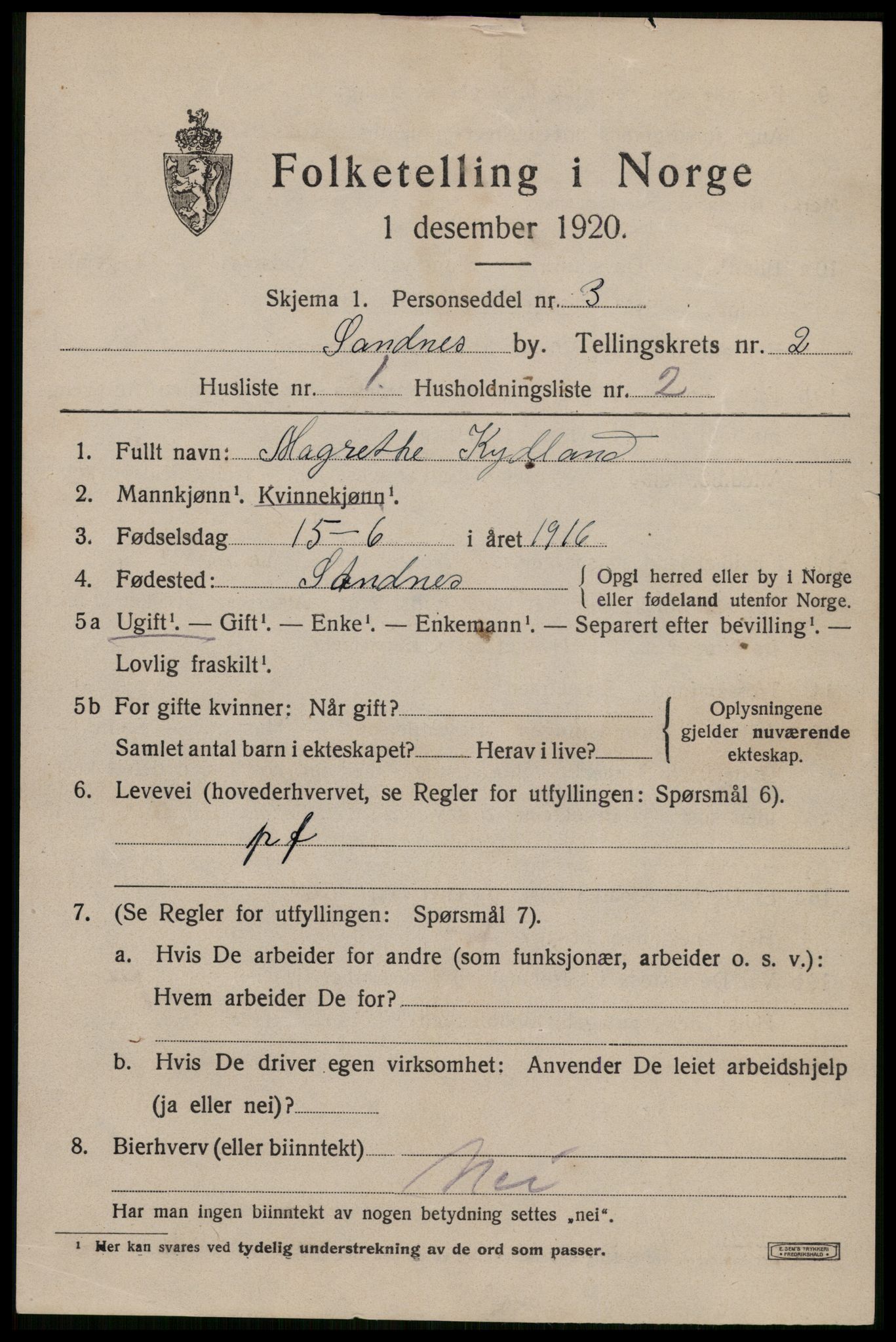 SAST, 1920 census for Sandnes, 1920, p. 3042