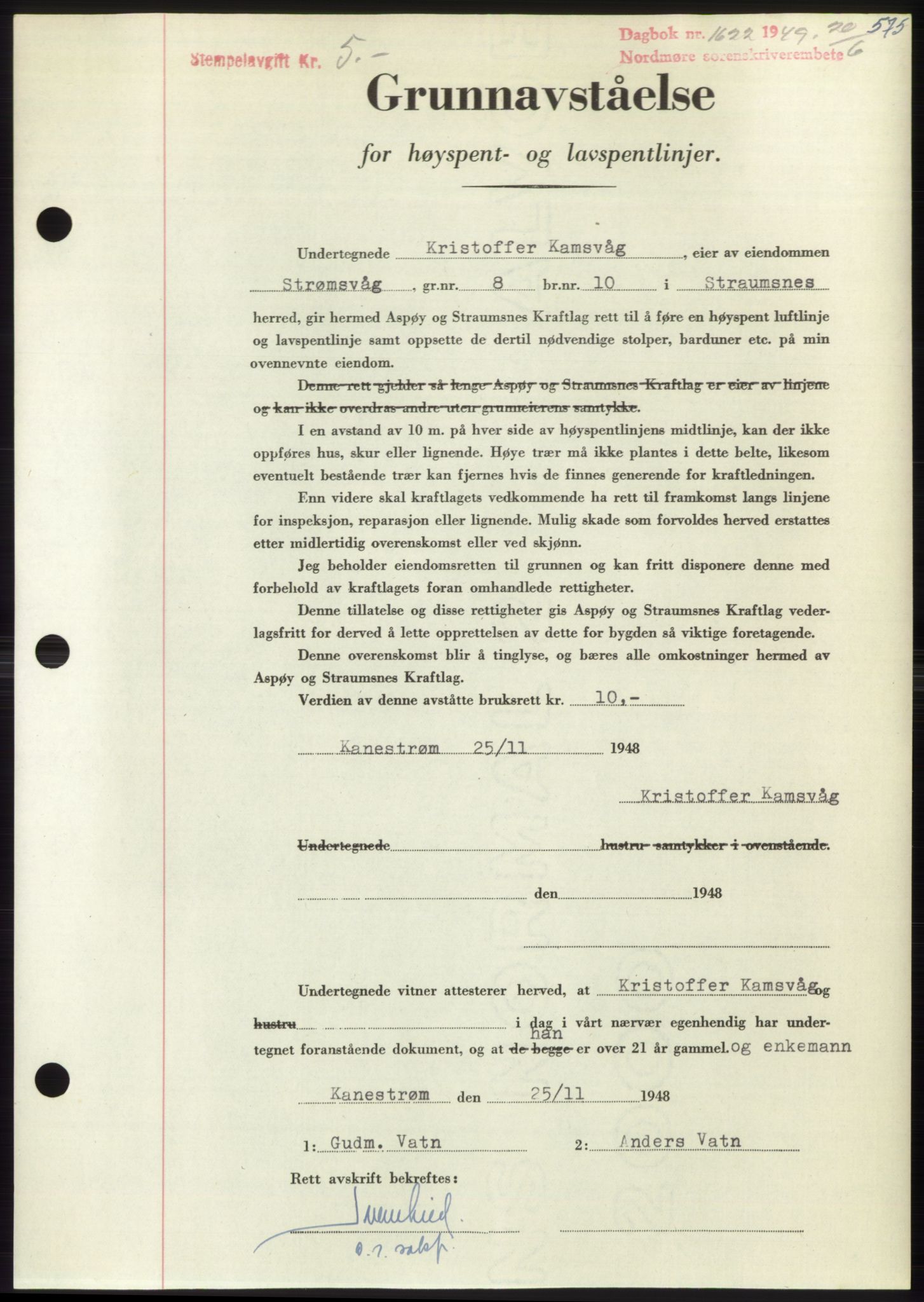 Nordmøre sorenskriveri, AV/SAT-A-4132/1/2/2Ca: Mortgage book no. B101, 1949-1949, Diary no: : 1622/1949