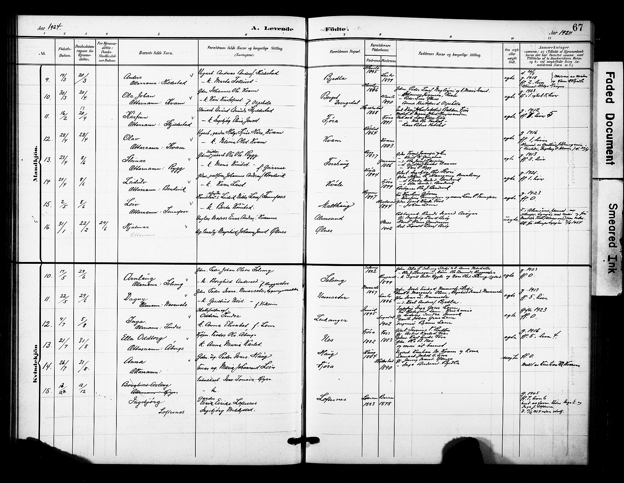 Sogndal sokneprestembete, AV/SAB-A-81301/H/Hab/Haba/L0002: Parish register (copy) no. A 2, 1908-1924, p. 67