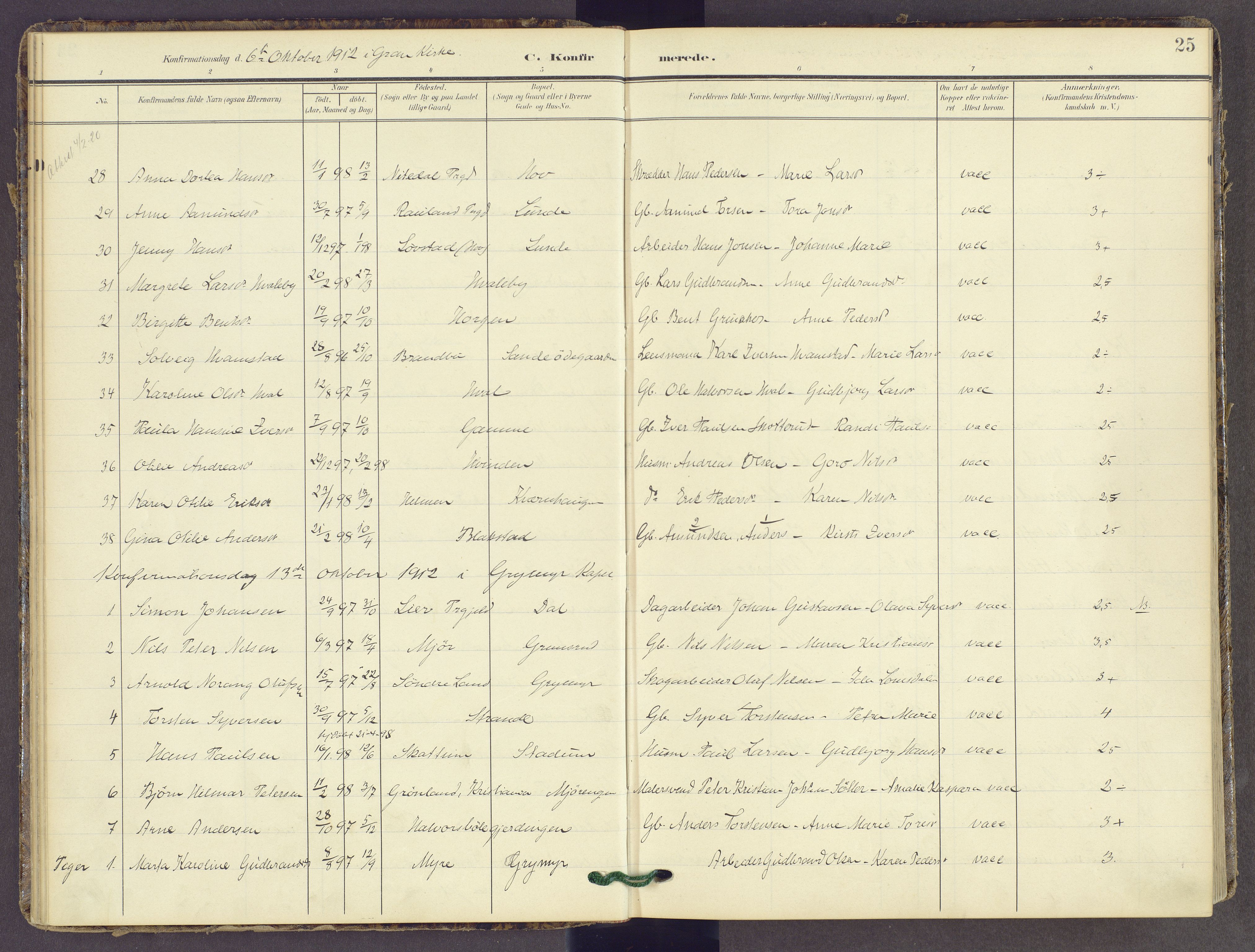 Gran prestekontor, AV/SAH-PREST-112/H/Ha/Haa/L0022: Parish register (official) no. 22, 1908-1918, p. 25