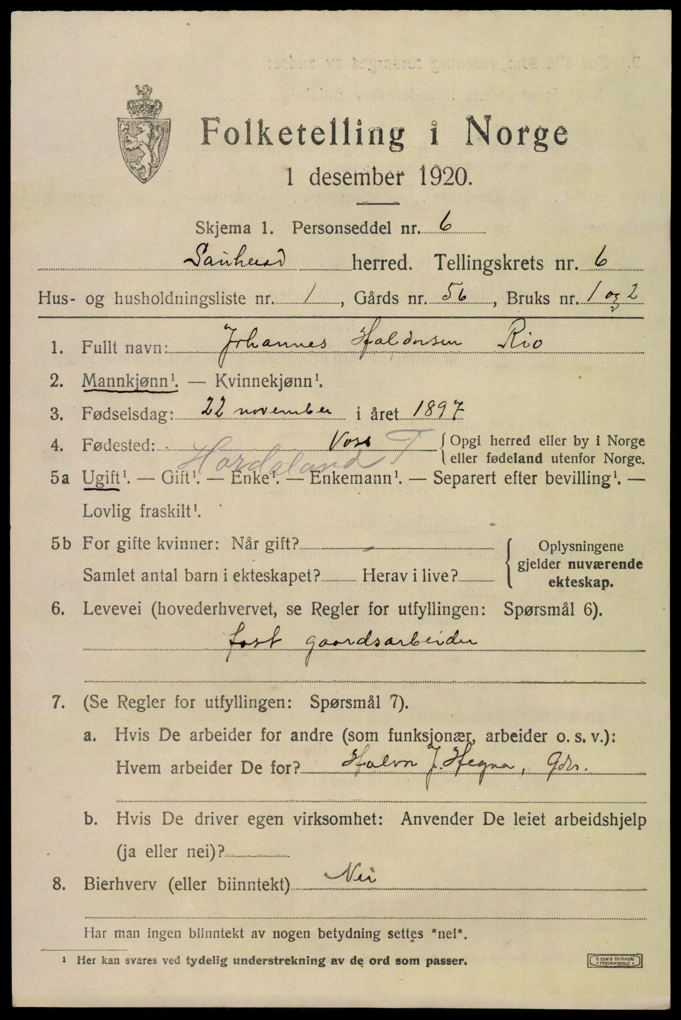 SAKO, 1920 census for Sauherad, 1920, p. 5077