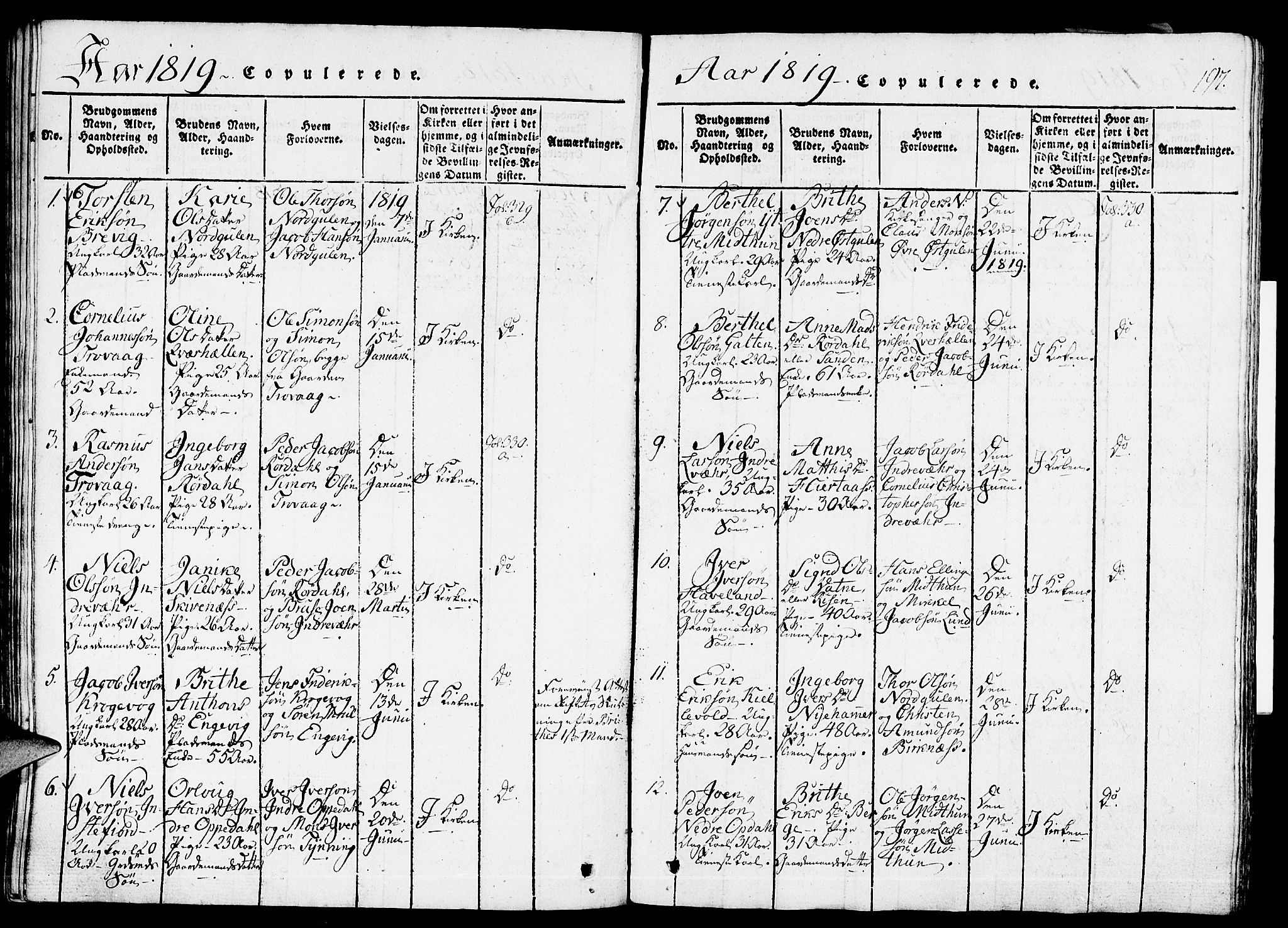 Gulen sokneprestembete, AV/SAB-A-80201/H/Haa/Haaa/L0018: Parish register (official) no. A 18, 1816-1825, p. 197