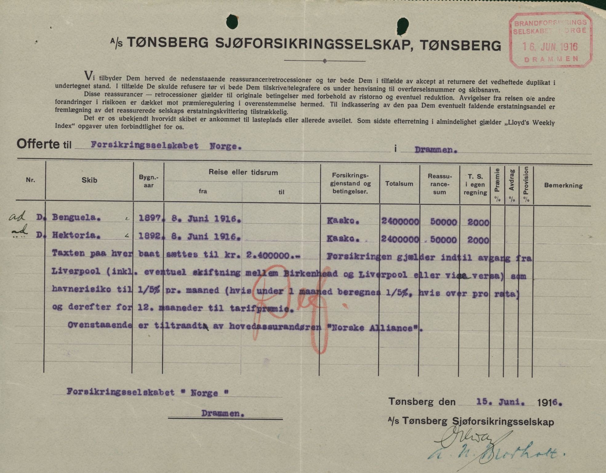 Pa 664 - Tønsberg Sjøforsikringsselskap, VEMU/A-1773/F/L0001: Forsikringspoliser, 1915-1918