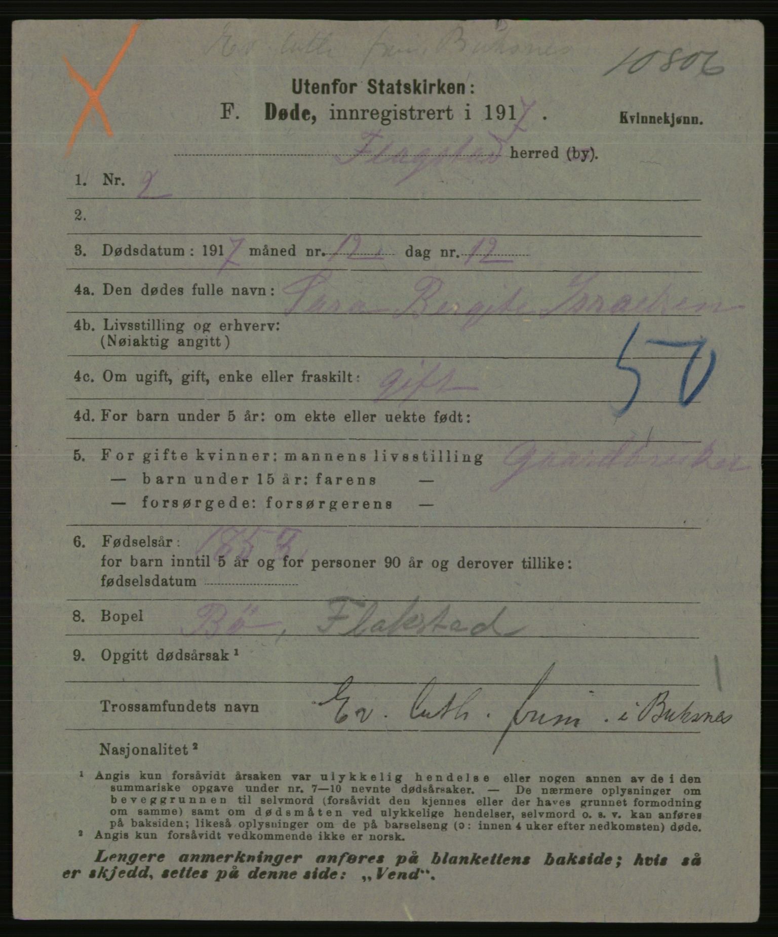 Statistisk sentralbyrå, Sosiodemografiske emner, Befolkning, AV/RA-S-2228/E/L0015: Fødte, gifte, døde dissentere., 1917, p. 3605