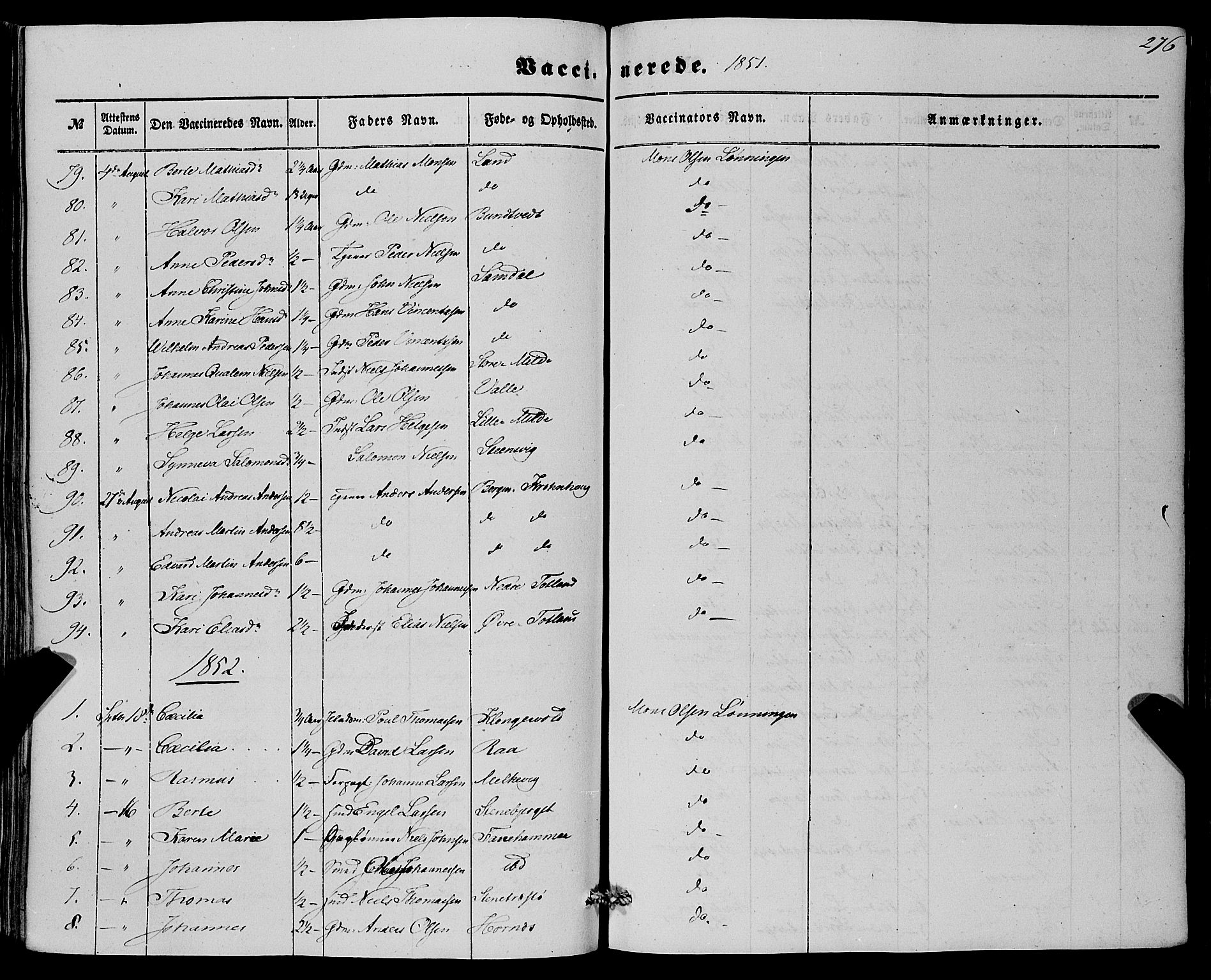 Fana Sokneprestembete, SAB/A-75101/H/Haa/Haaa/L0011: Parish register (official) no. A 11, 1851-1862, p. 276