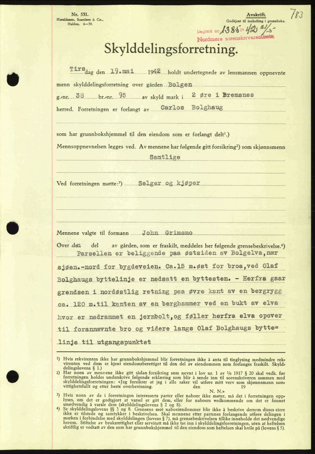 Nordmøre sorenskriveri, AV/SAT-A-4132/1/2/2Ca: Mortgage book no. A92, 1942-1942, Diary no: : 1385/1942