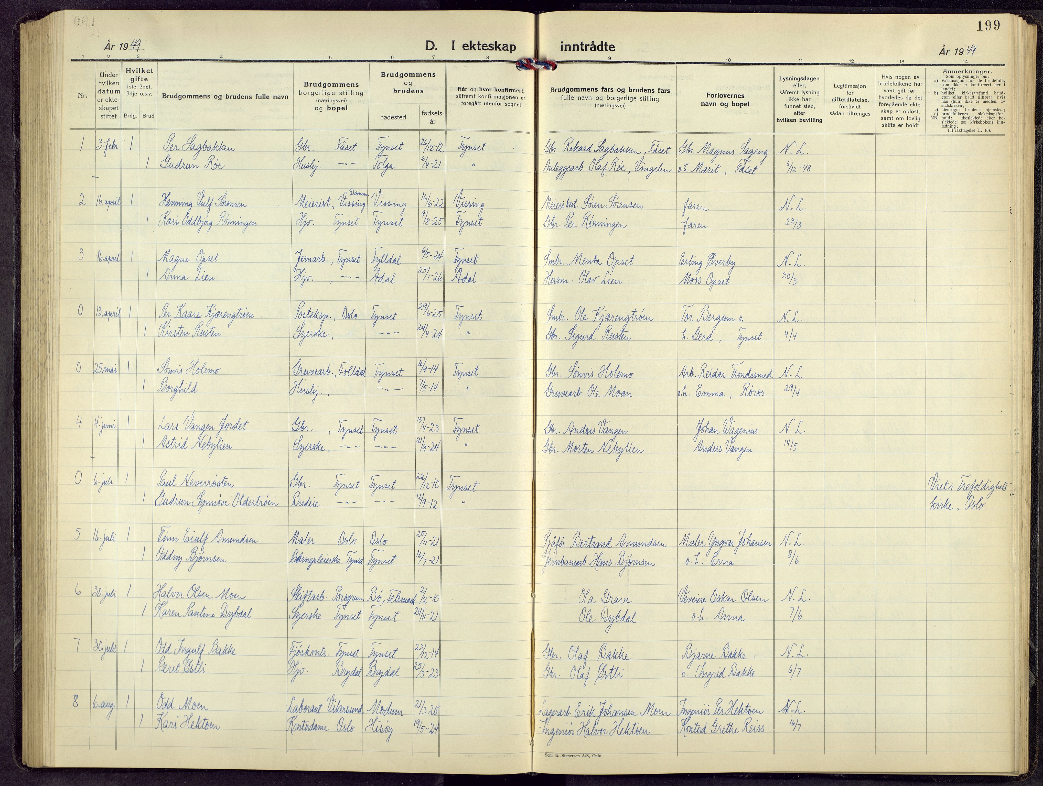 Tynset prestekontor, AV/SAH-PREST-058/H/Ha/Hab/L0014: Parish register (copy) no. 14, 1944-1960, p. 199