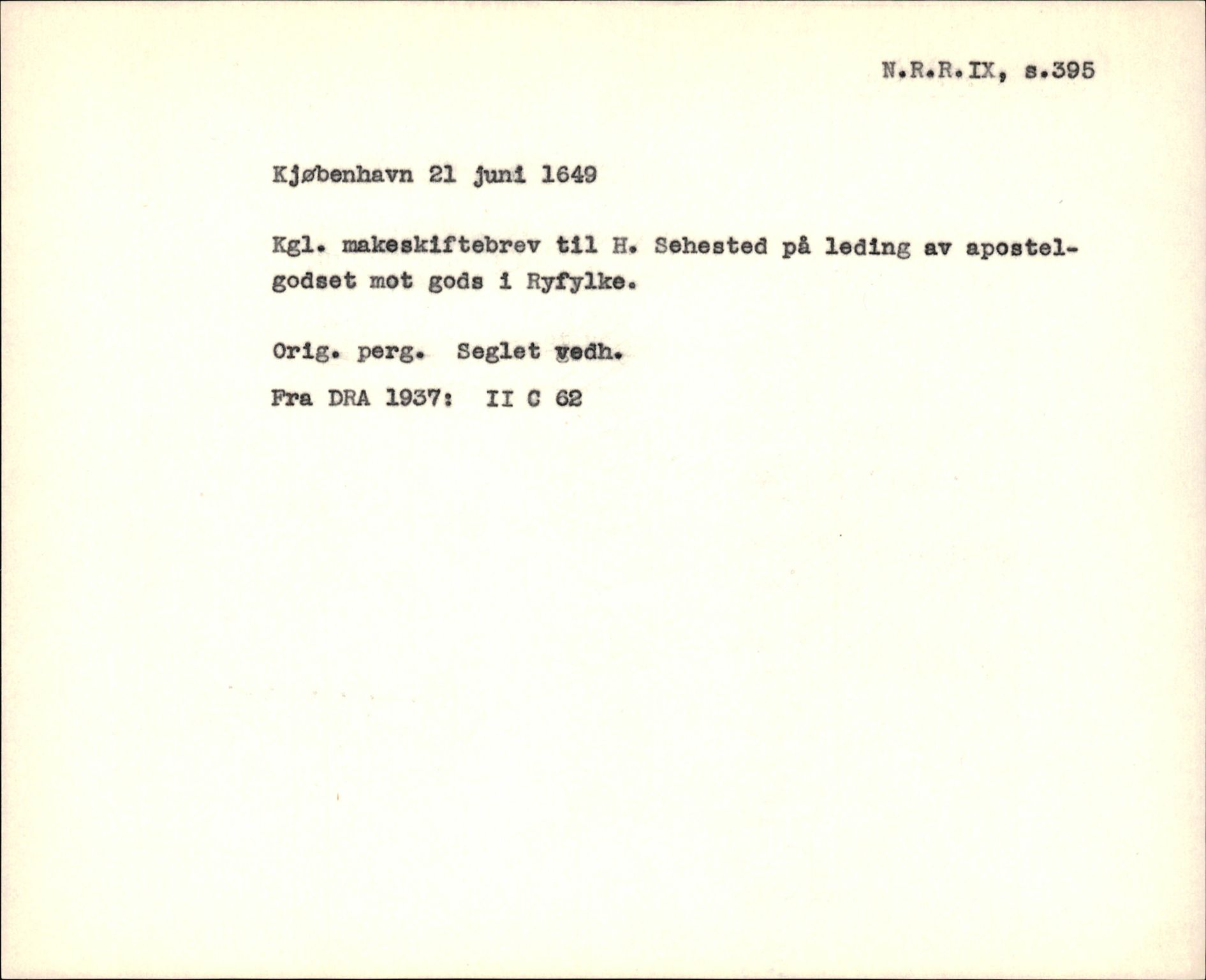 Riksarkivets diplomsamling, AV/RA-EA-5965/F35/F35f/L0002: Regestsedler: Diplomer fra DRA 1937 og 1996, p. 129