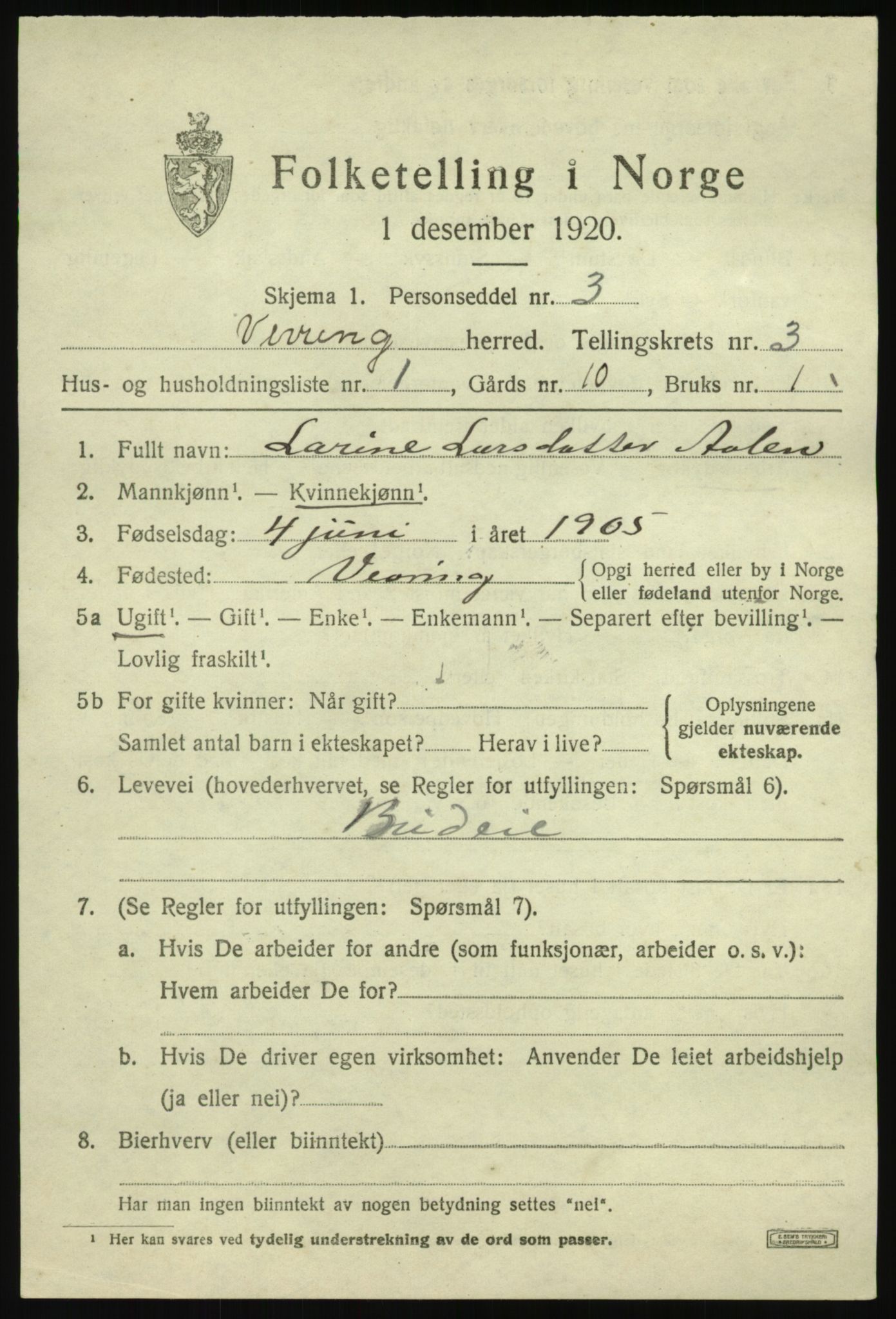 SAB, 1920 census for Vevring, 1920, p. 1002