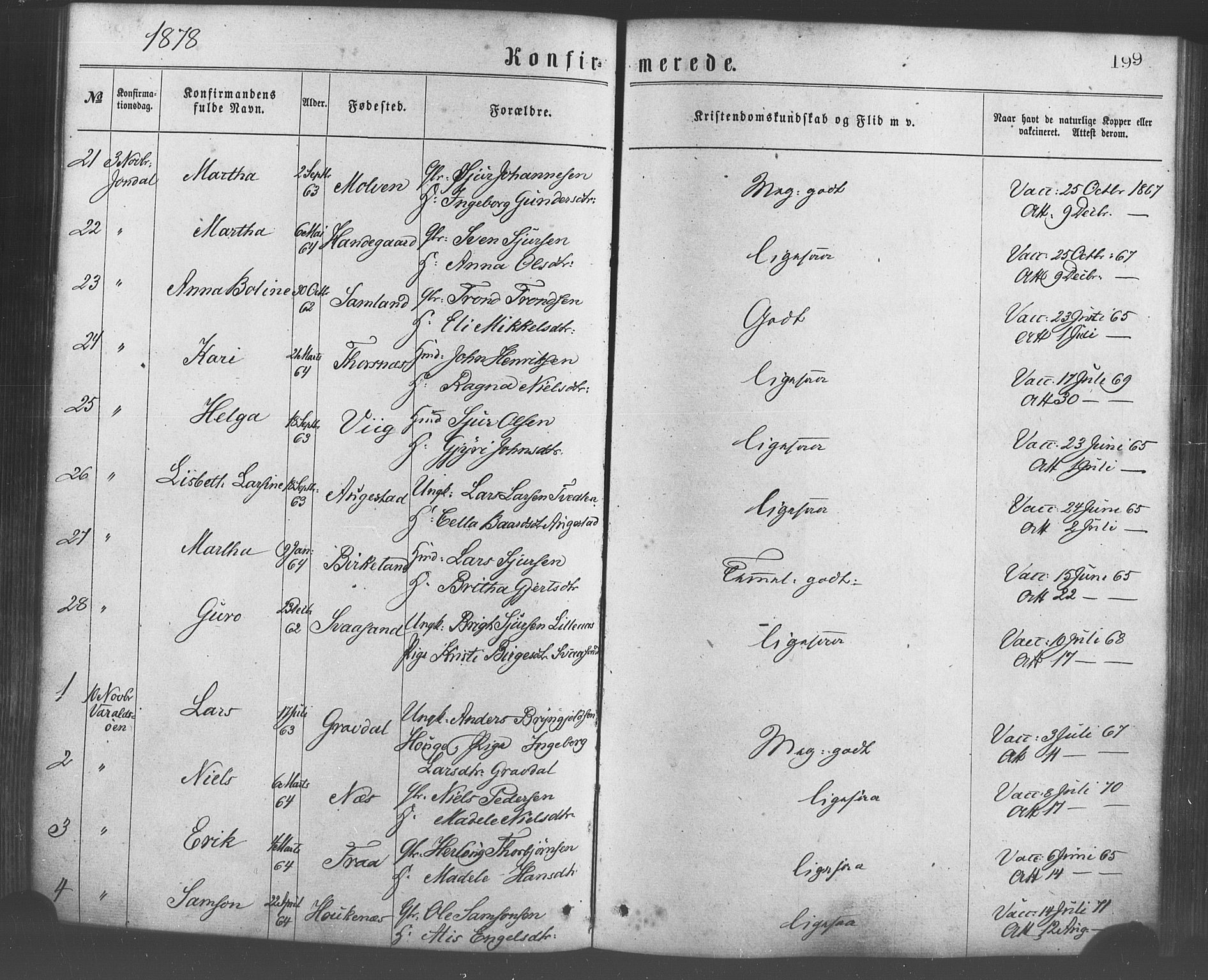 Strandebarm sokneprestembete, AV/SAB-A-78401/H/Haa: Parish register (official) no. A 9, 1872-1886, p. 199