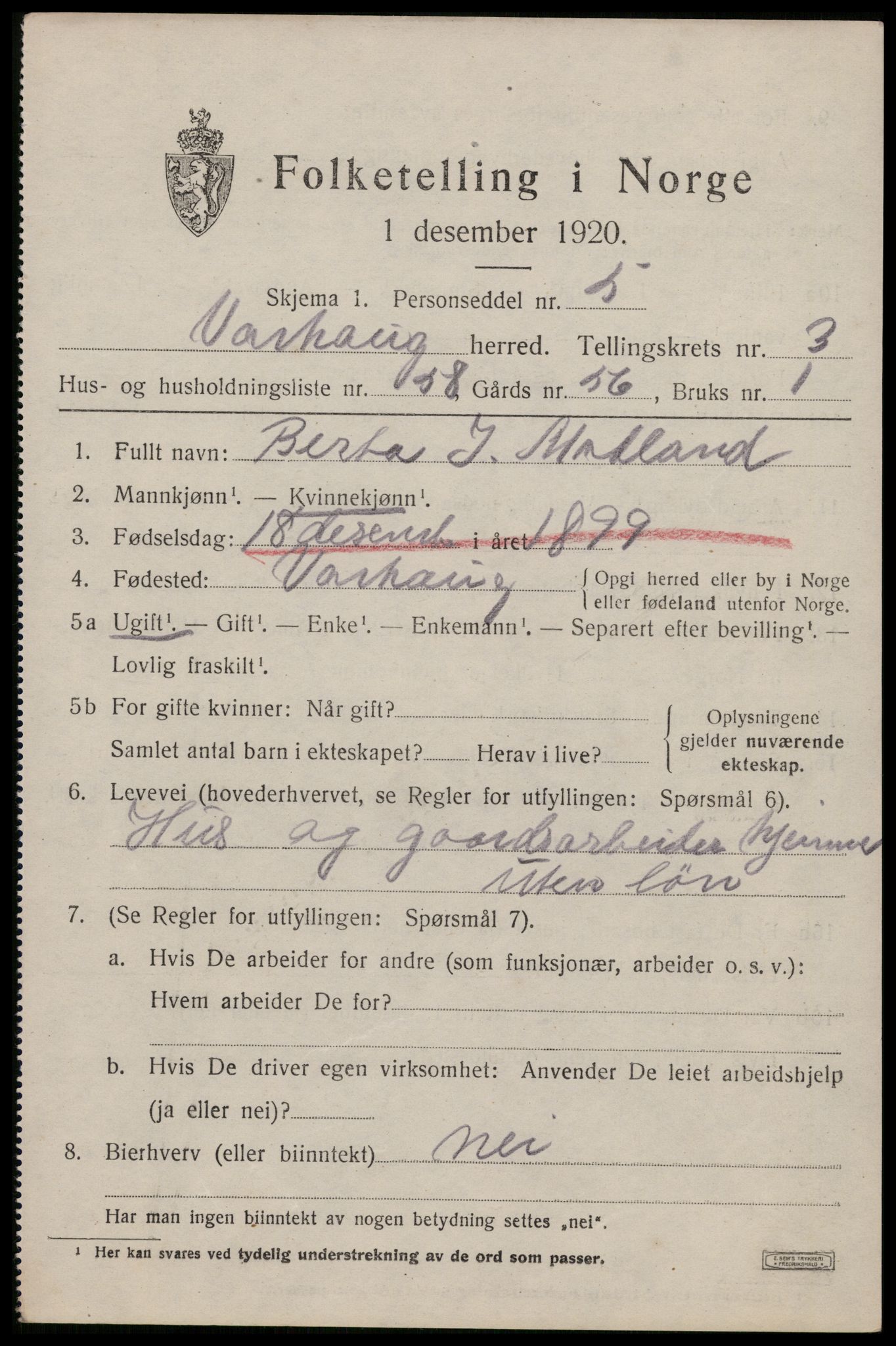 SAST, 1920 census for Varhaug, 1920, p. 3607