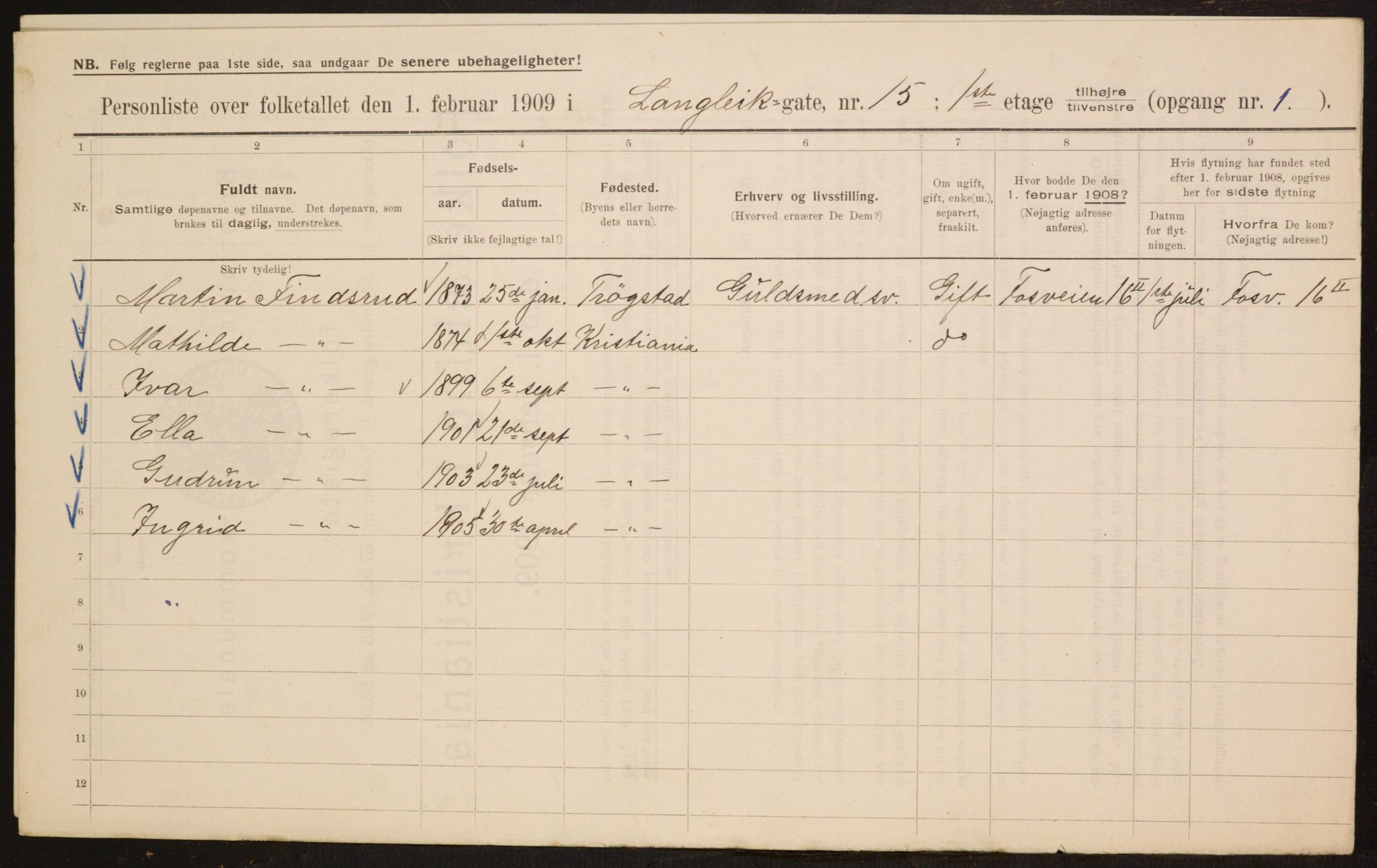 OBA, Municipal Census 1909 for Kristiania, 1909, p. 52077