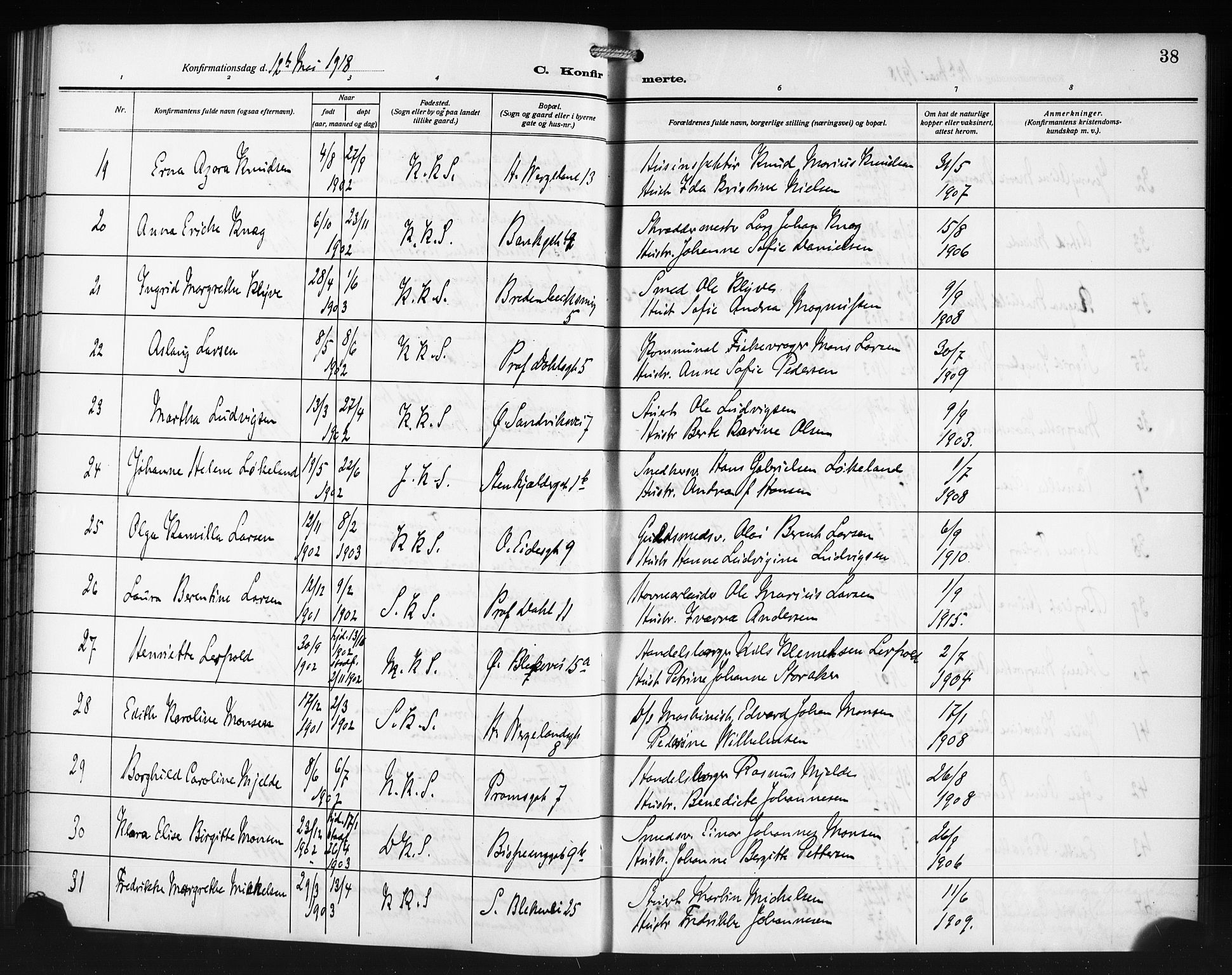 Korskirken sokneprestembete, AV/SAB-A-76101/H/Haa/L0072: Curate's parish register no. A 7, 1913-1920, p. 38