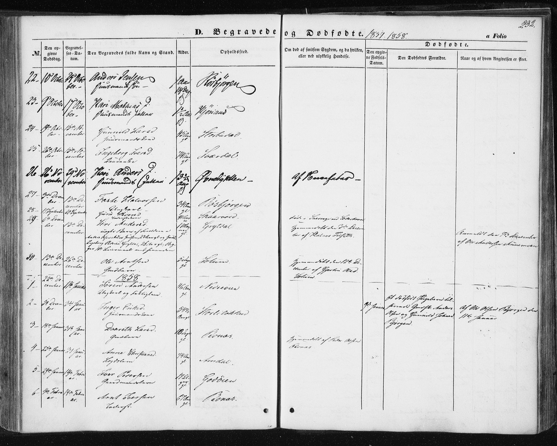 Ministerialprotokoller, klokkerbøker og fødselsregistre - Sør-Trøndelag, SAT/A-1456/687/L1000: Parish register (official) no. 687A06, 1848-1869, p. 232