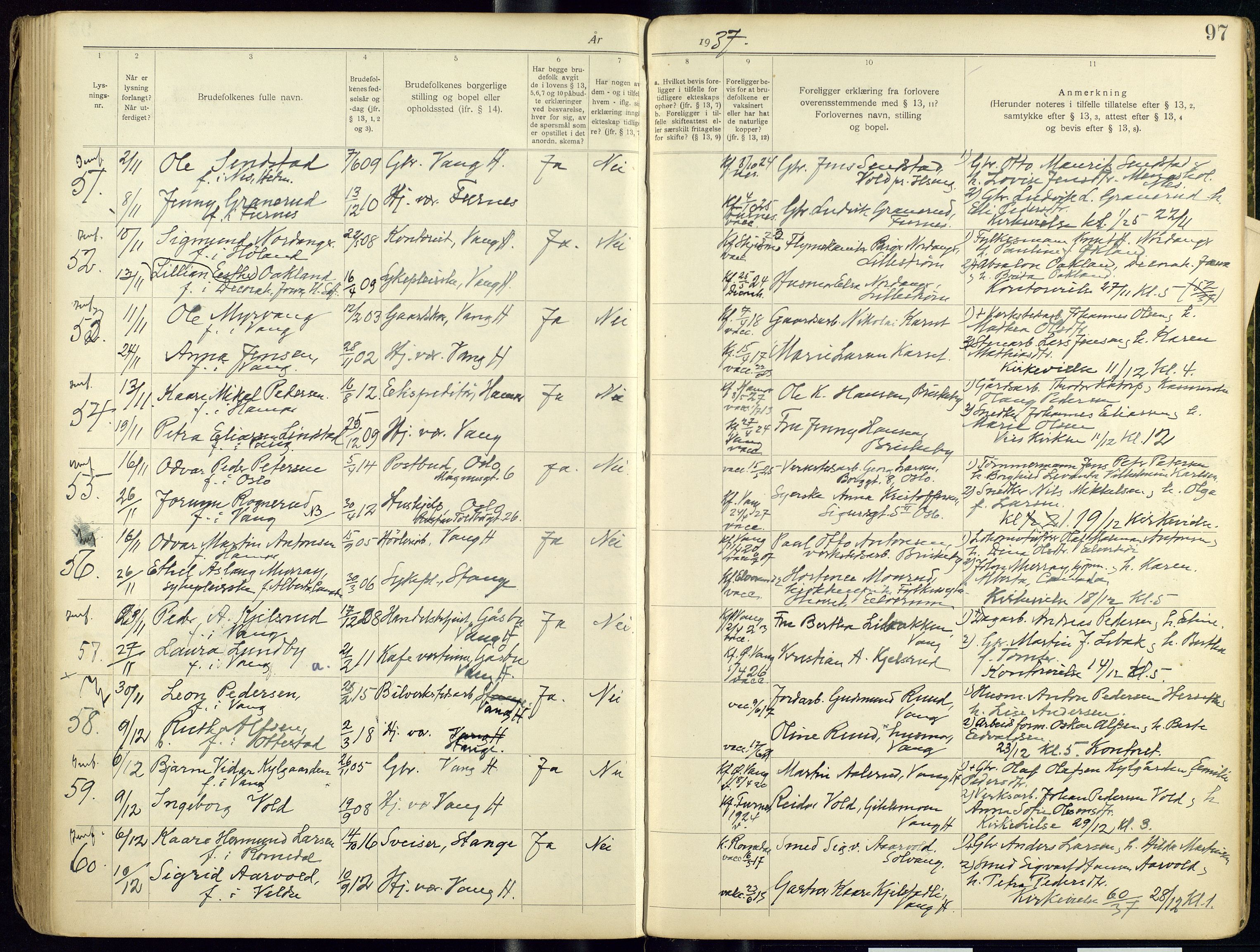 Vang prestekontor, Hedmark, AV/SAH-PREST-008/I/Ie/L0001/0001: Banns register no. 1, 1919-1938, p. 97