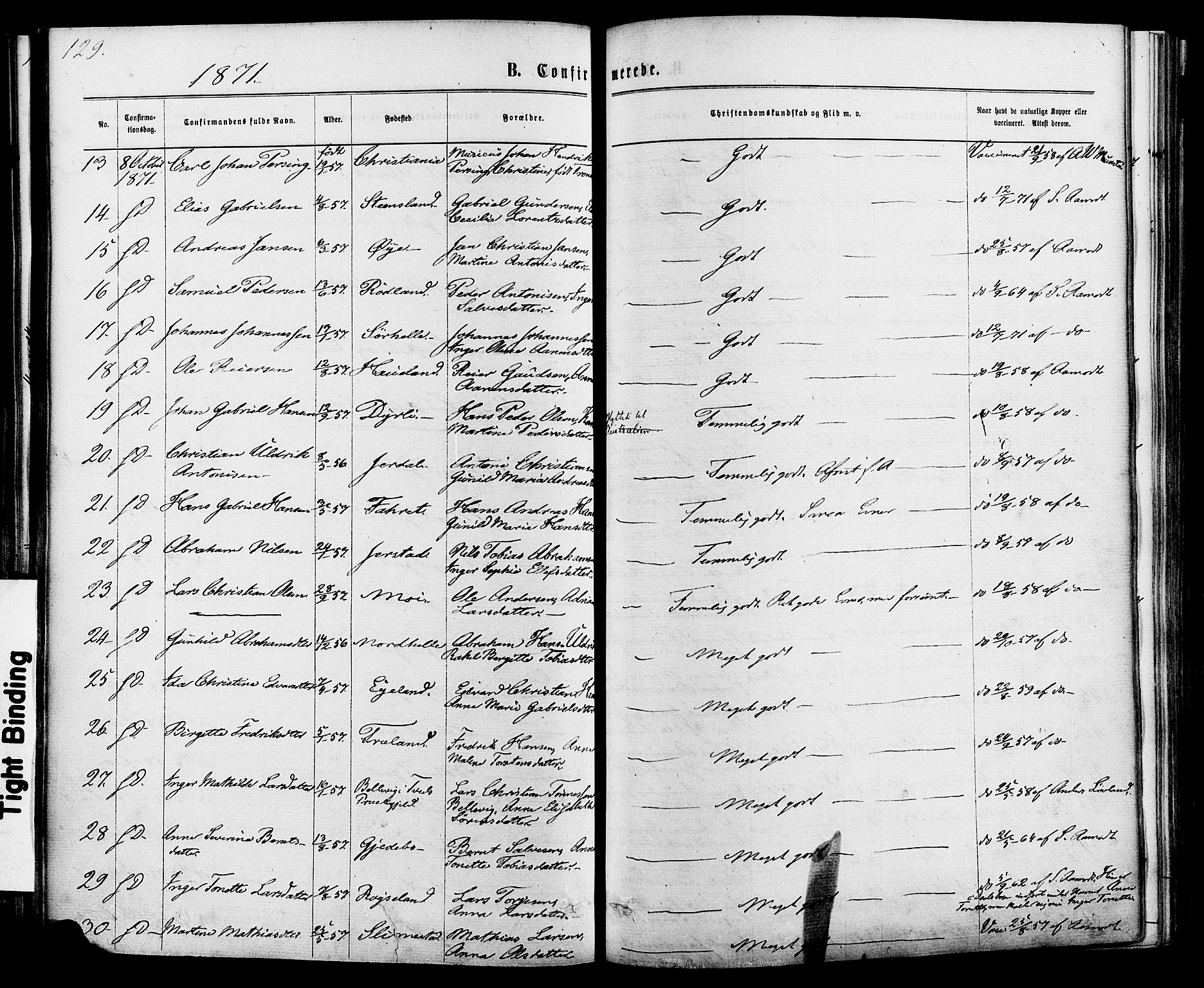Kvinesdal sokneprestkontor, SAK/1111-0026/F/Fa/Fab/L0007: Parish register (official) no. A 7, 1870-1885, p. 129