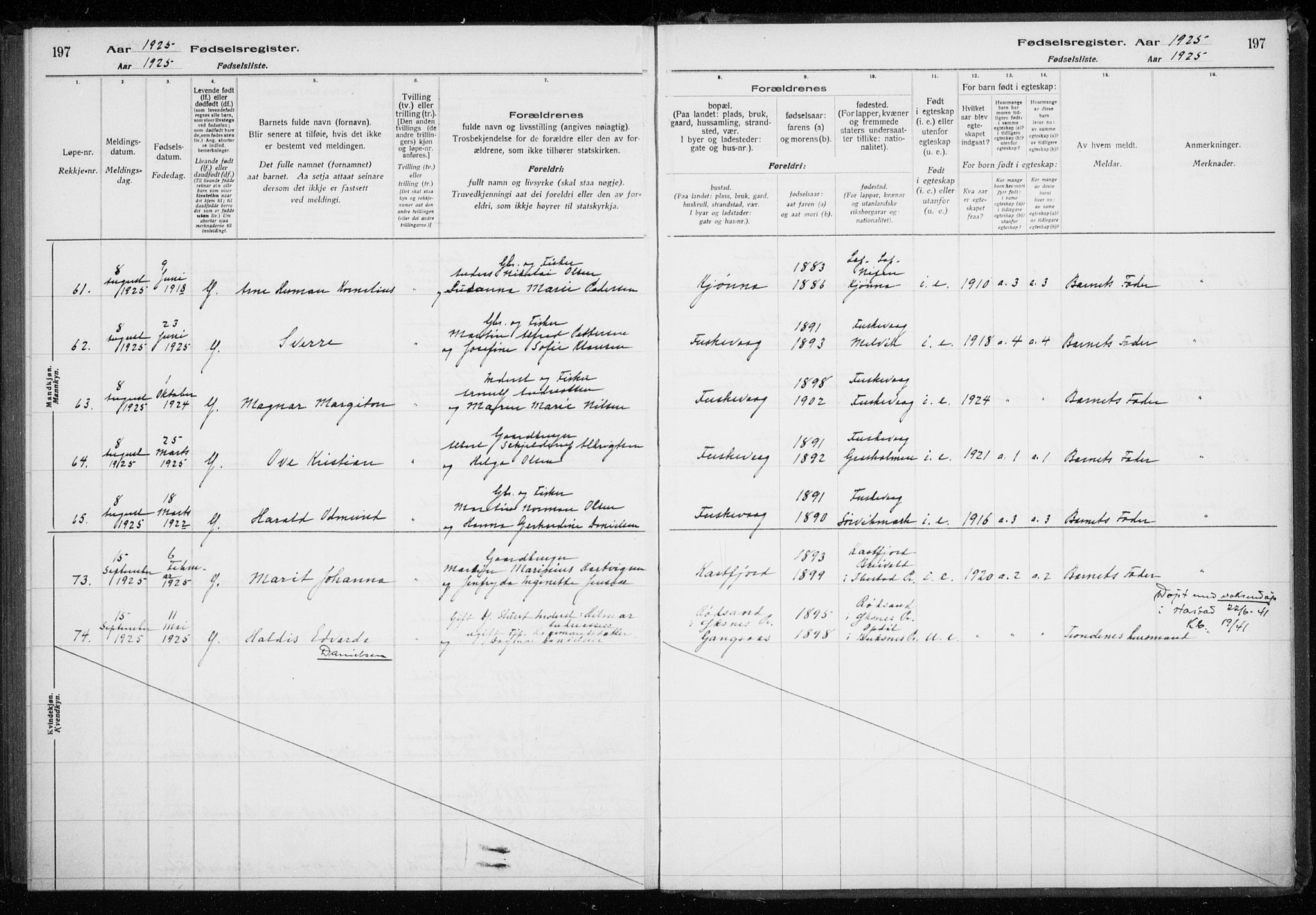 Trondenes sokneprestkontor, AV/SATØ-S-1319/I/Ia/L0089: Birth register no. 89, 1916-1925, p. 197