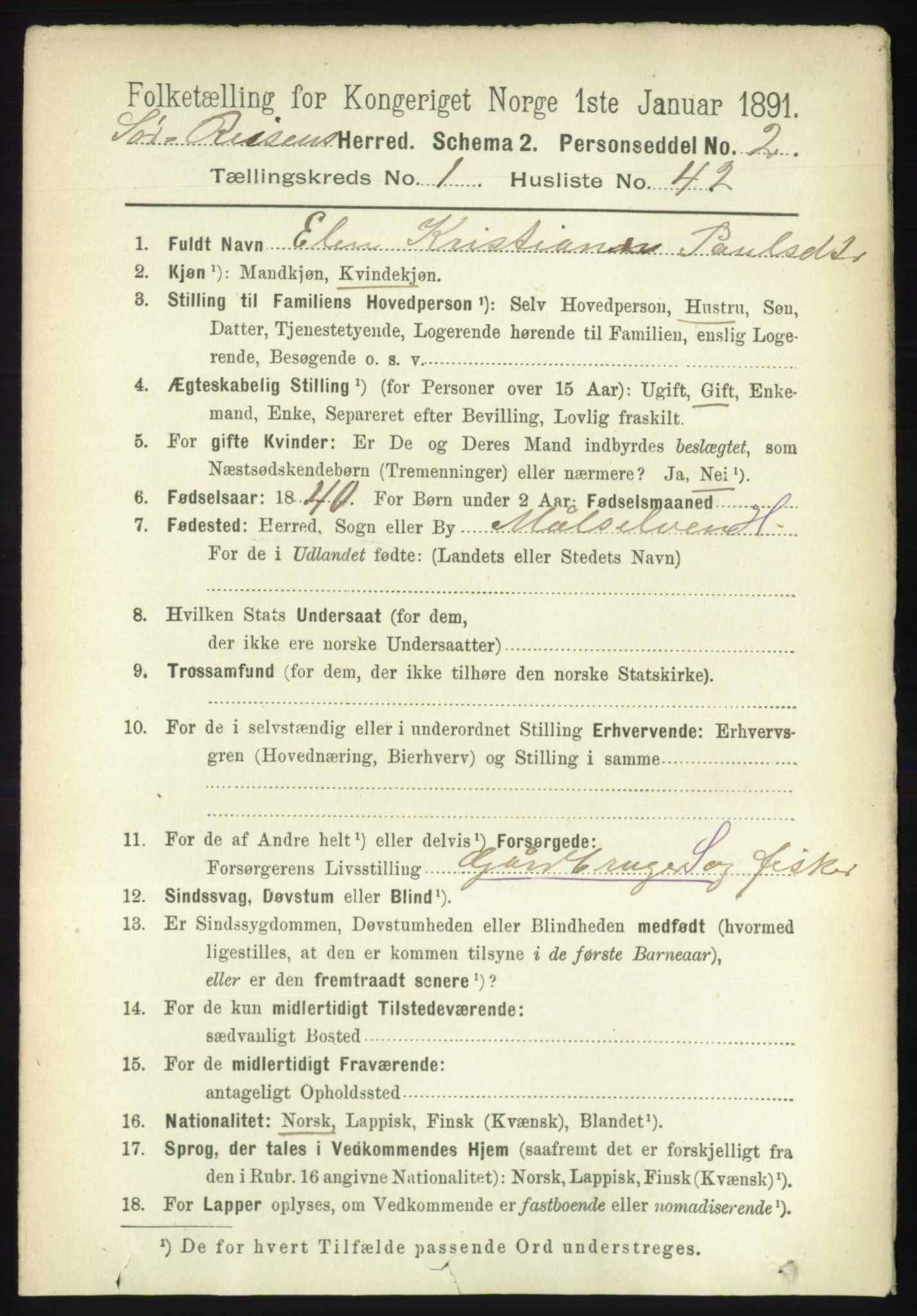 RA, 1891 census for 1925 Sørreisa, 1891, p. 332