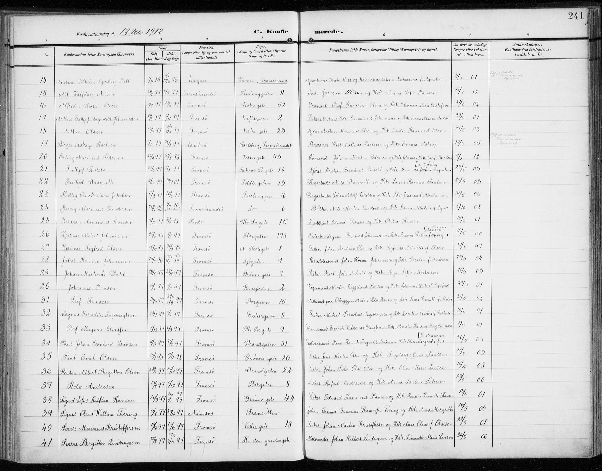 Tromsø sokneprestkontor/stiftsprosti/domprosti, AV/SATØ-S-1343/G/Ga/L0017kirke: Parish register (official) no. 17, 1907-1917, p. 241