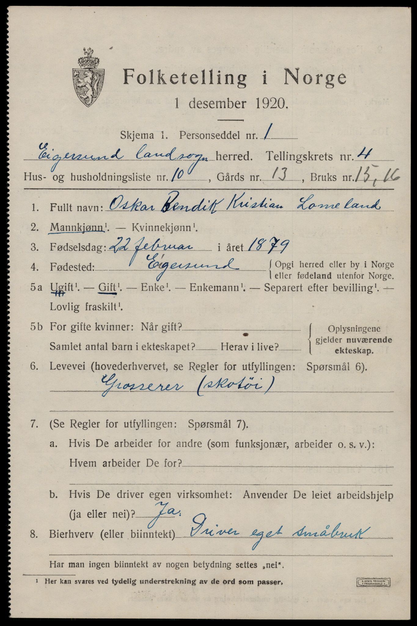 SAST, 1920 census for Eigersund, 1920, p. 2917