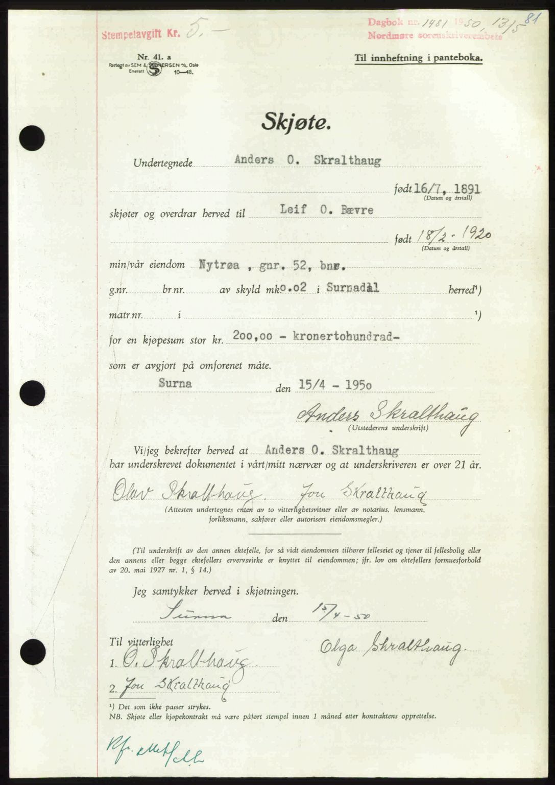 Nordmøre sorenskriveri, AV/SAT-A-4132/1/2/2Ca: Mortgage book no. A115, 1950-1950, Diary no: : 1481/1950