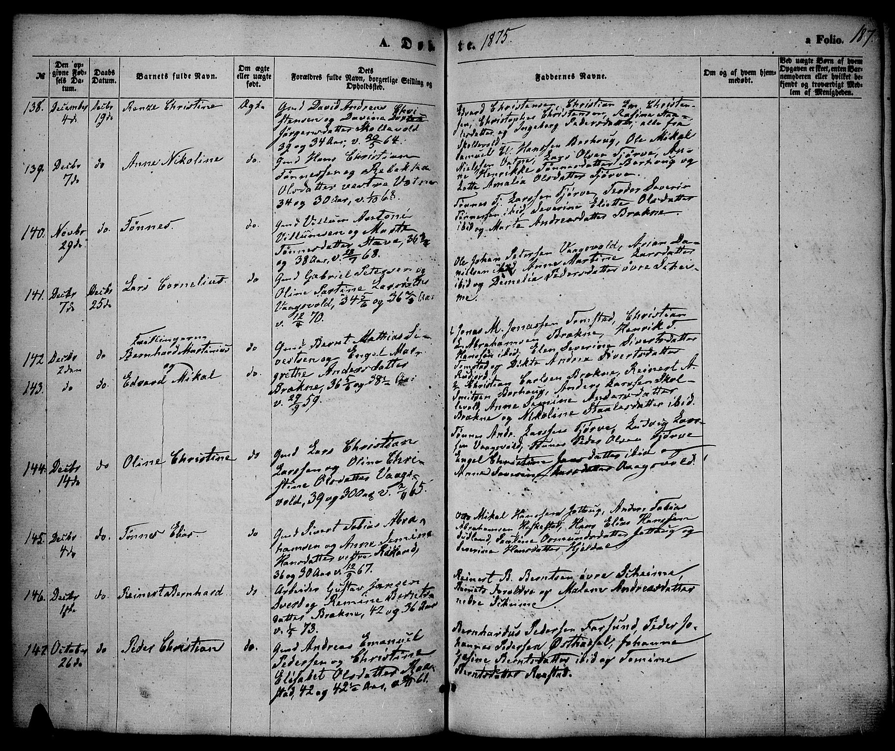 Lista sokneprestkontor, SAK/1111-0027/F/Fb/L0003: Parish register (copy) no. B 3, 1862-1877, p. 187