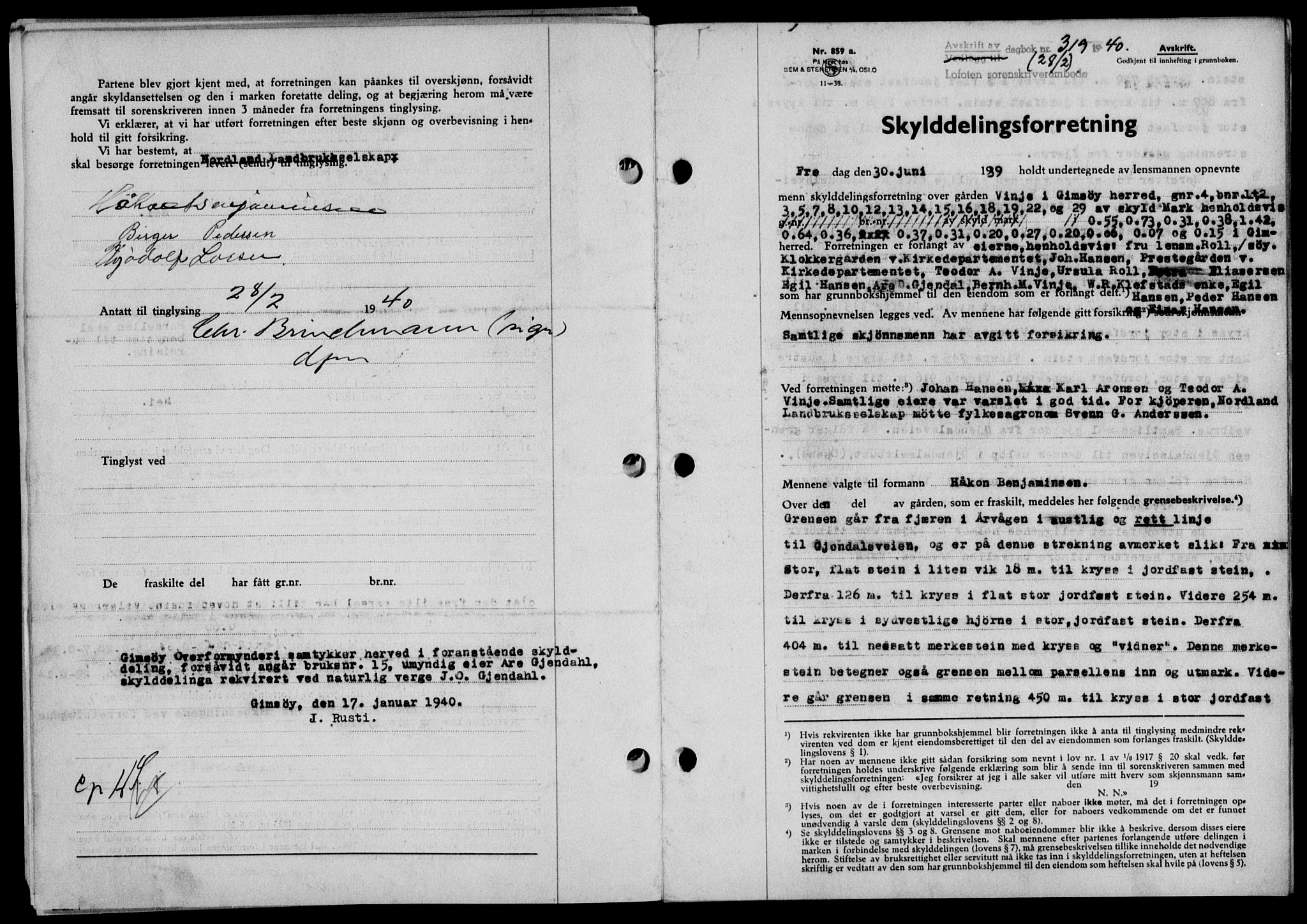 Lofoten sorenskriveri, SAT/A-0017/1/2/2C/L0007a: Mortgage book no. 7a, 1939-1940, Diary no: : 319/1940