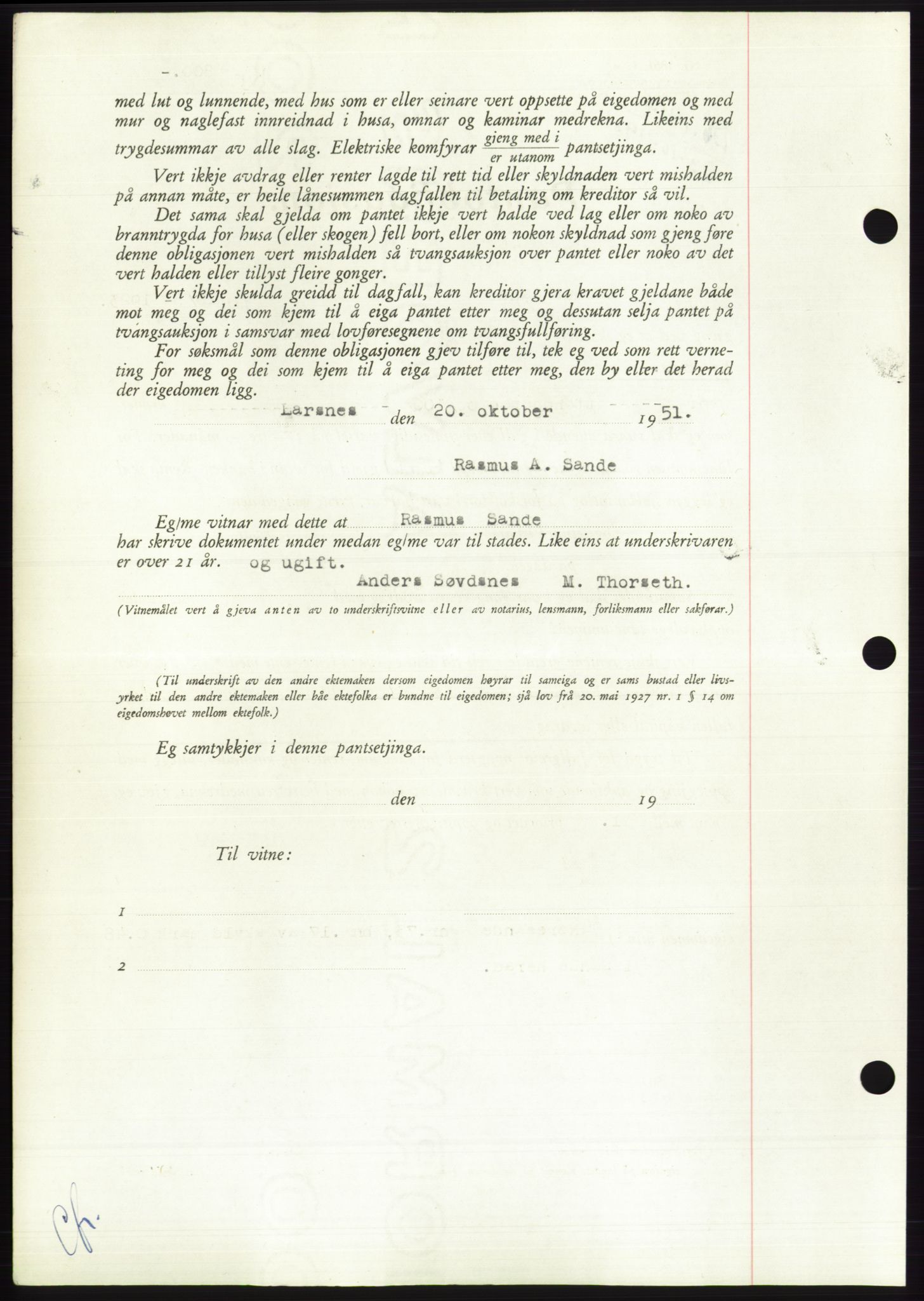 Søre Sunnmøre sorenskriveri, AV/SAT-A-4122/1/2/2C/L0120: Mortgage book no. 8B, 1951-1951, Diary no: : 1919/1951