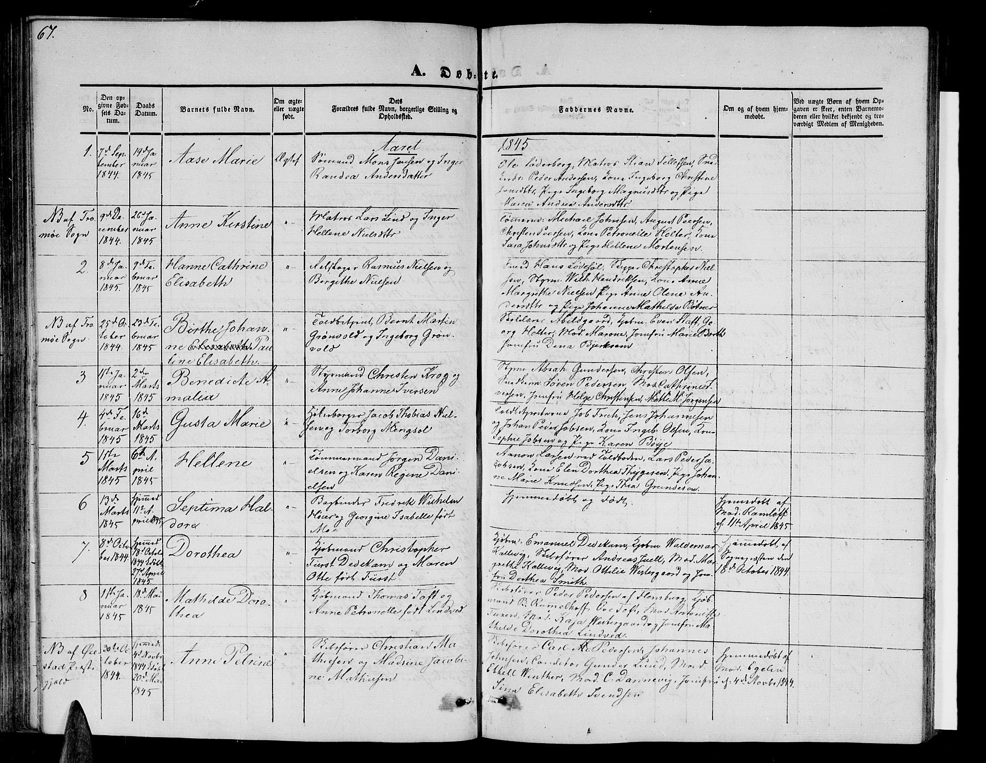 Arendal sokneprestkontor, Trefoldighet, SAK/1111-0040/F/Fb/L0002: Parish register (copy) no. B 2, 1838-1860, p. 67
