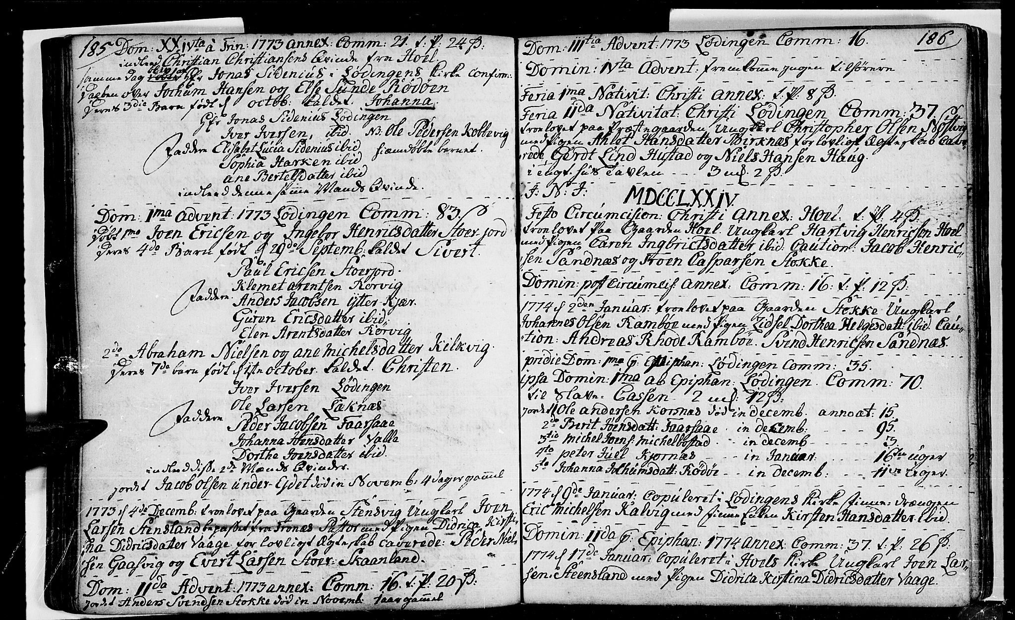 Ministerialprotokoller, klokkerbøker og fødselsregistre - Nordland, SAT/A-1459/872/L1029: Parish register (official) no. 872A04, 1765-1787, p. 185-186