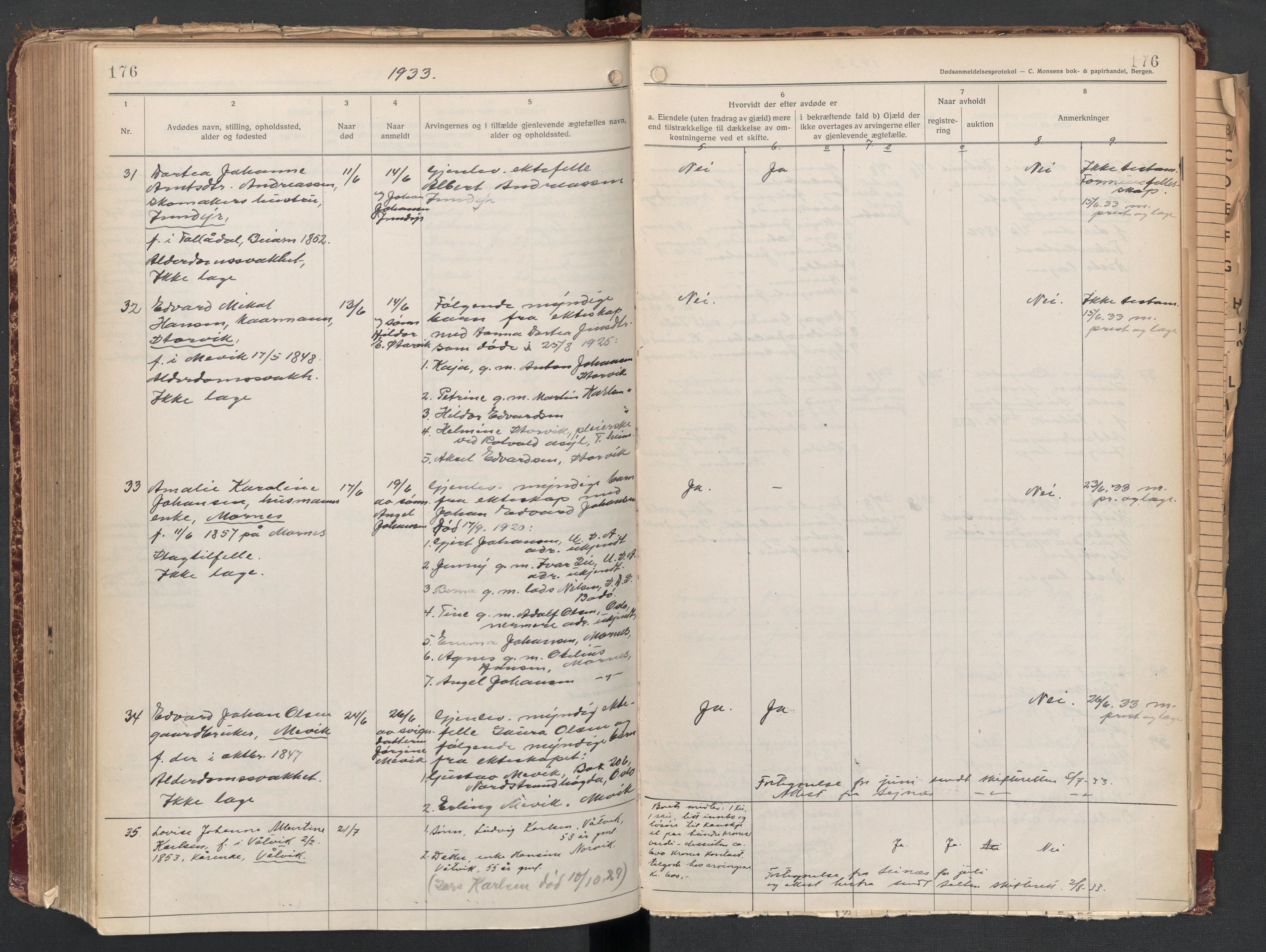 Gildeskål lensmannskontor, AV/SAT-A-4368/1/02/L0008: 2.01.08 - Dødsfallsprotokoll, 1917-1934, p. 176