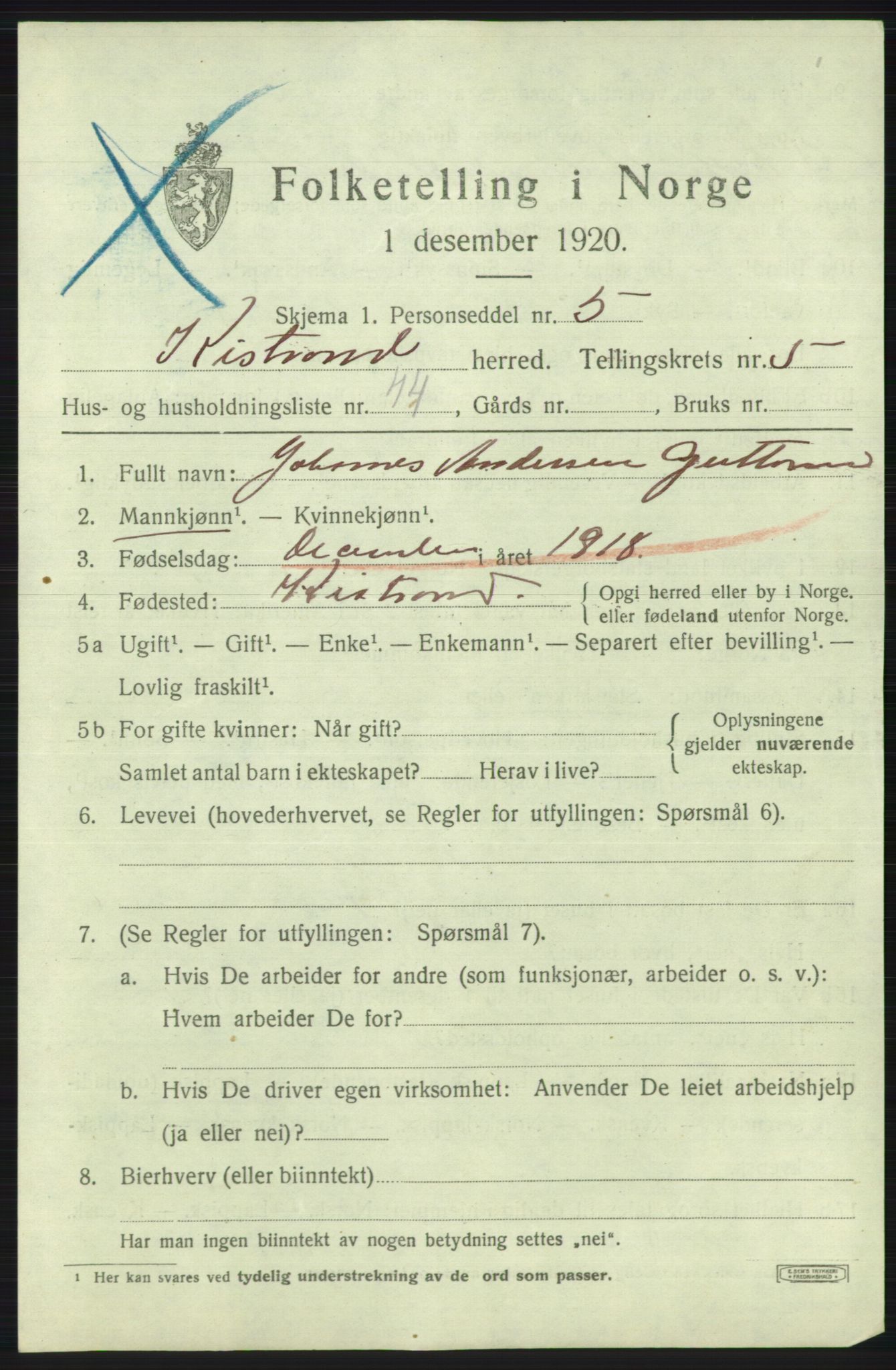 SATØ, 1920 census for Kistrand, 1920, p. 3610