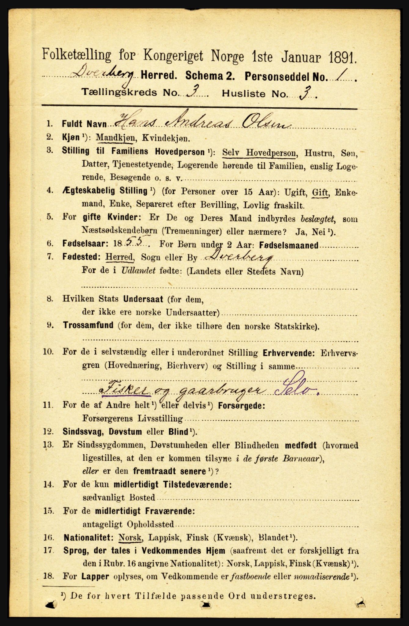 RA, 1891 census for 1872 Dverberg, 1891, p. 943