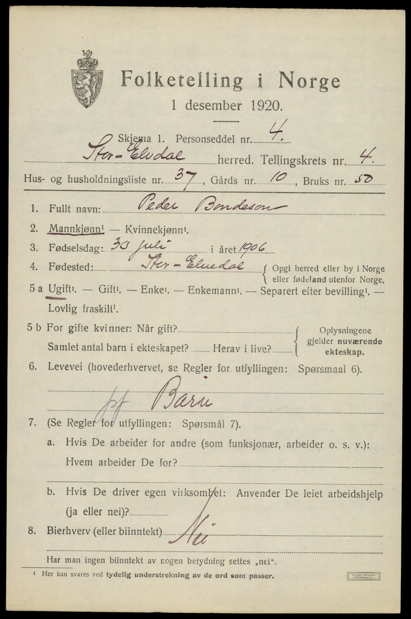 SAH, 1920 census for Stor-Elvdal, 1920, p. 3864