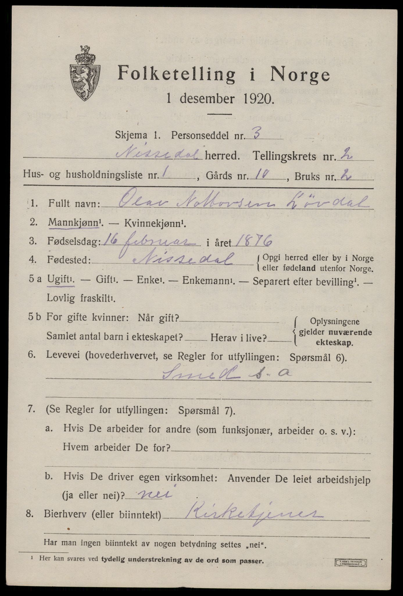 SAKO, 1920 census for Nissedal, 1920, p. 1289