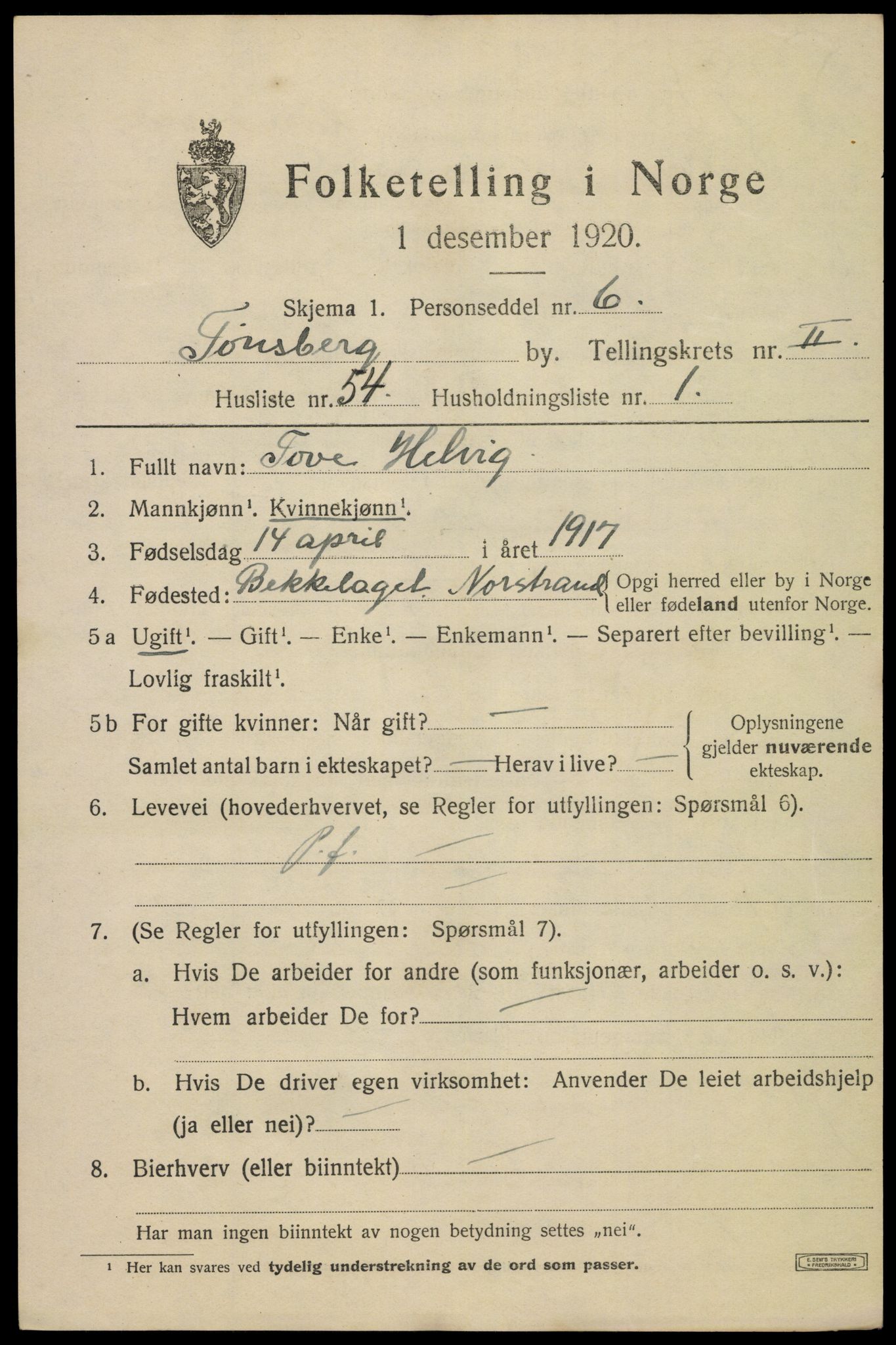 SAKO, 1920 census for Tønsberg, 1920, p. 10863