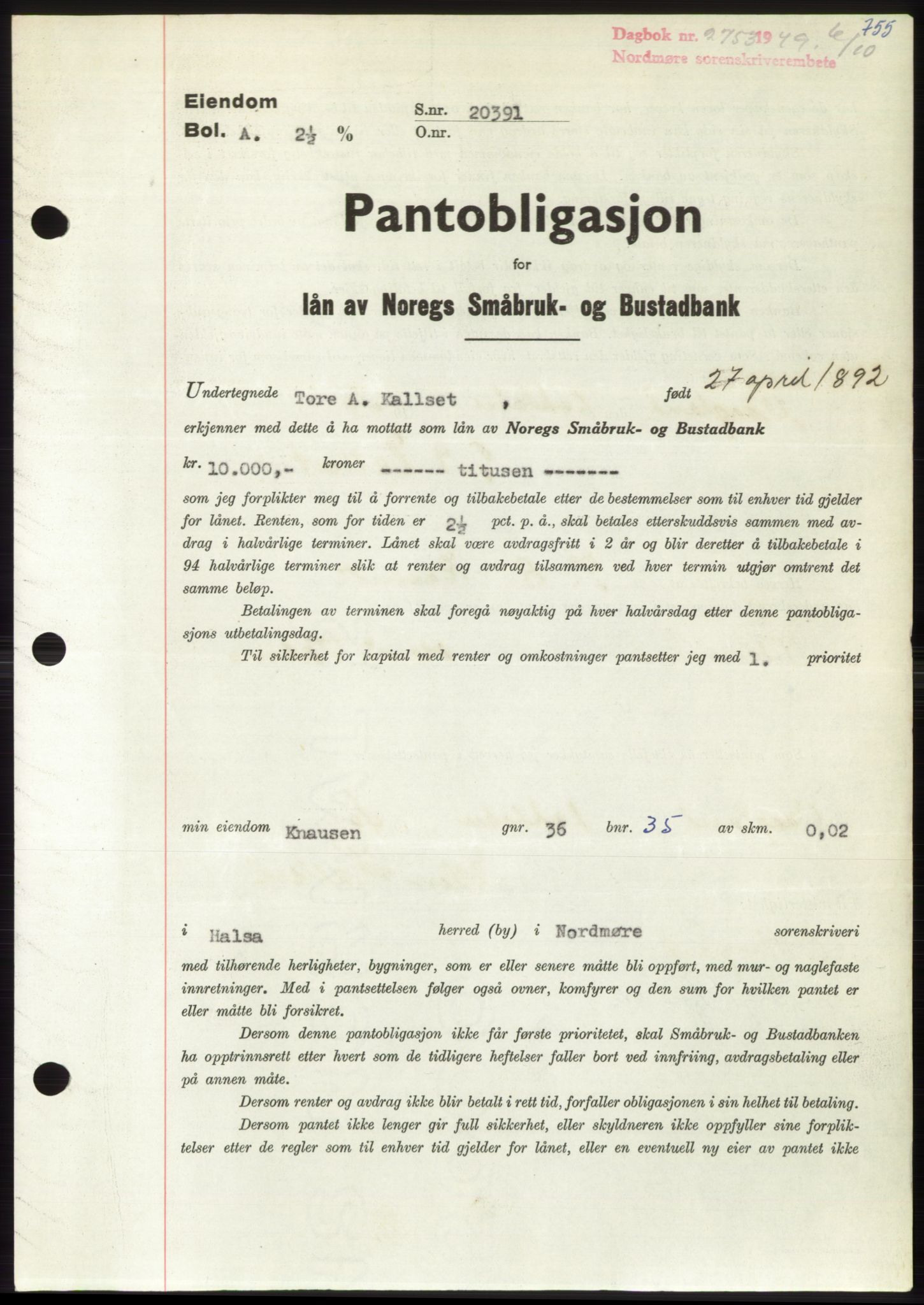 Nordmøre sorenskriveri, AV/SAT-A-4132/1/2/2Ca: Mortgage book no. B102, 1949-1949, Diary no: : 2753/1949