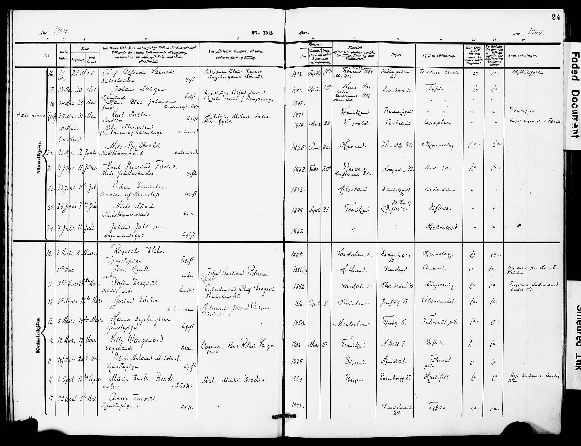 Ministerialprotokoller, klokkerbøker og fødselsregistre - Sør-Trøndelag, AV/SAT-A-1456/628/L0483: Parish register (official) no. 628A01, 1902-1920, p. 24