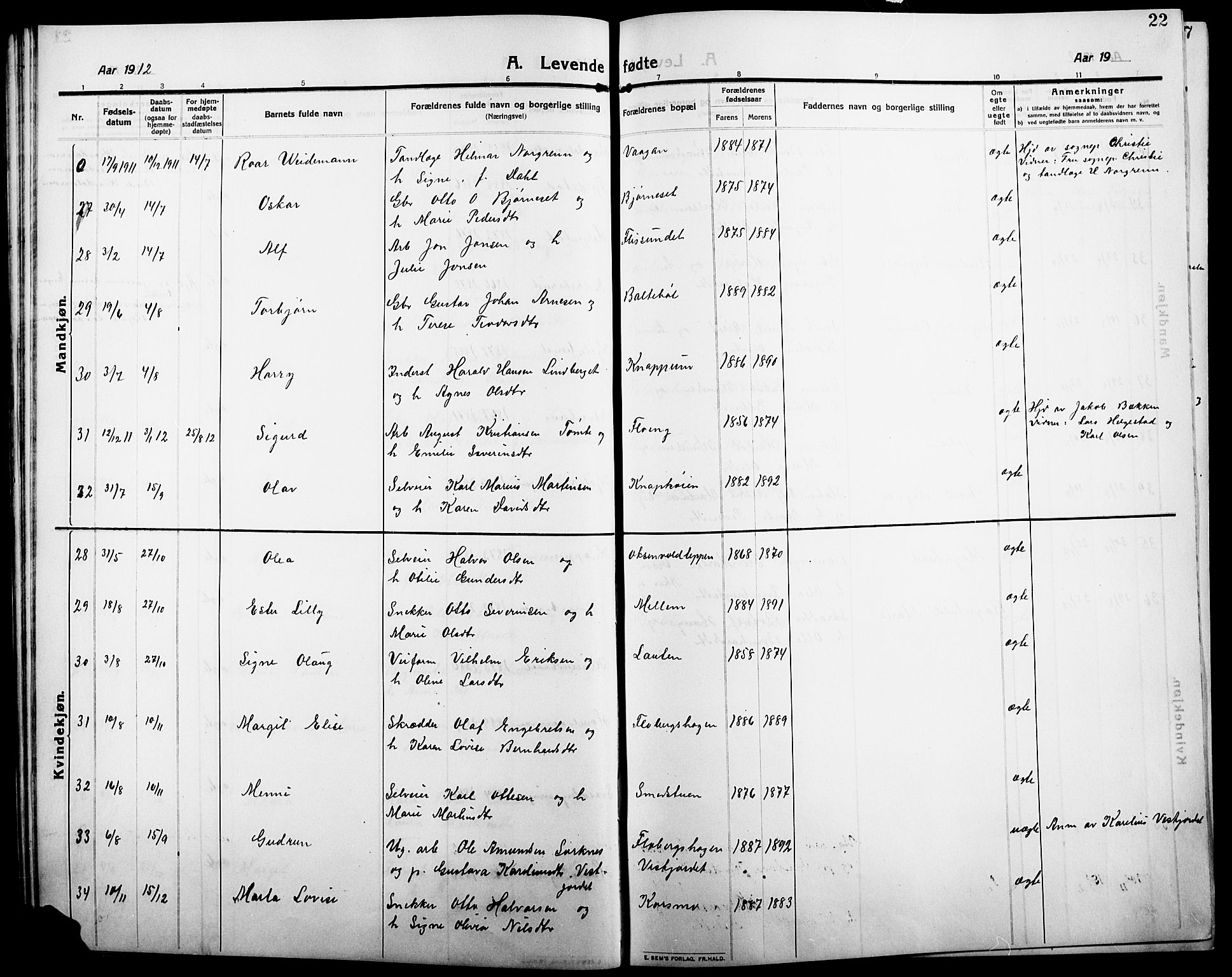 Åsnes prestekontor, AV/SAH-PREST-042/H/Ha/Hab/L0007: Parish register (copy) no. 7, 1909-1926, p. 22