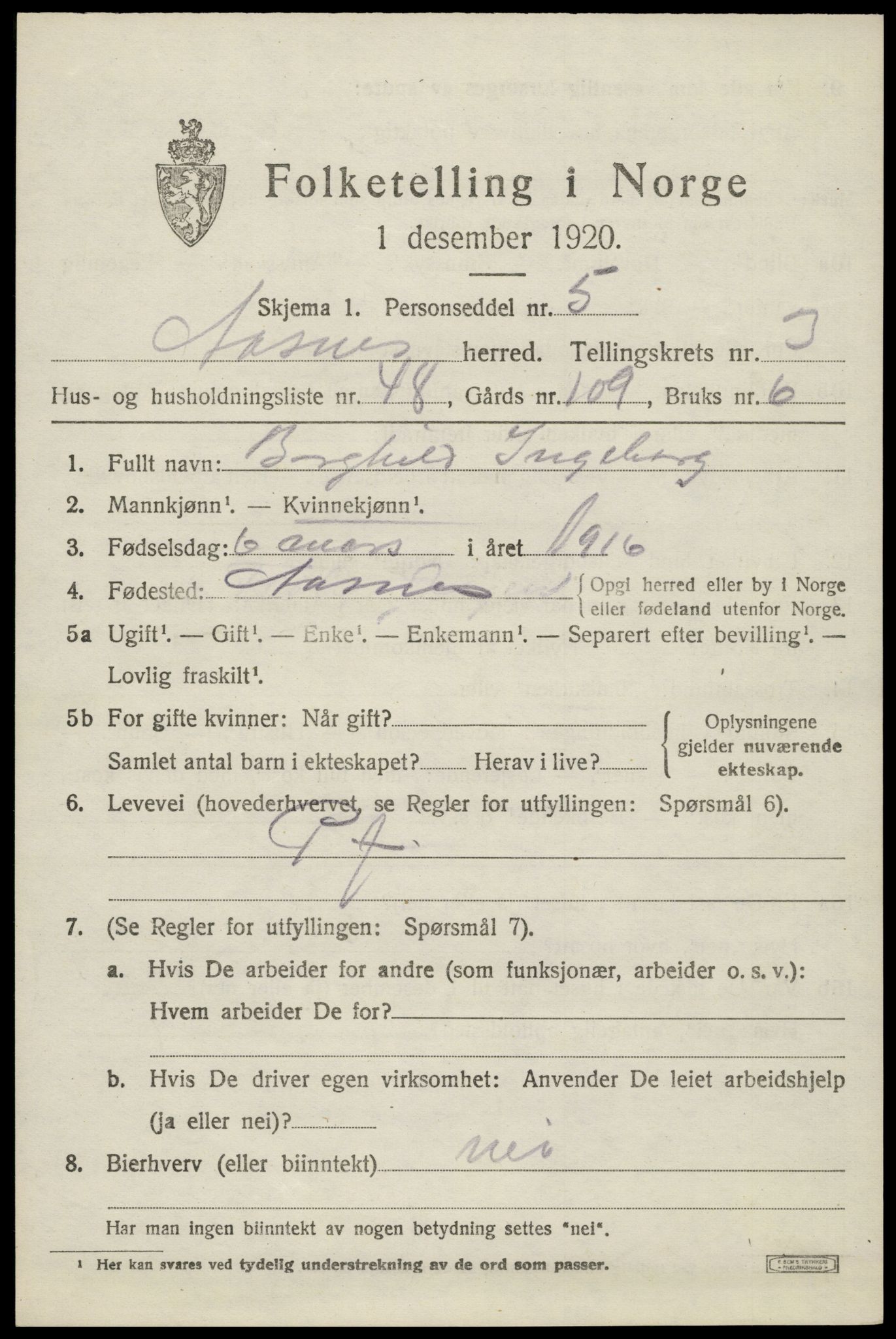 SAH, 1920 census for Åsnes, 1920, p. 4362