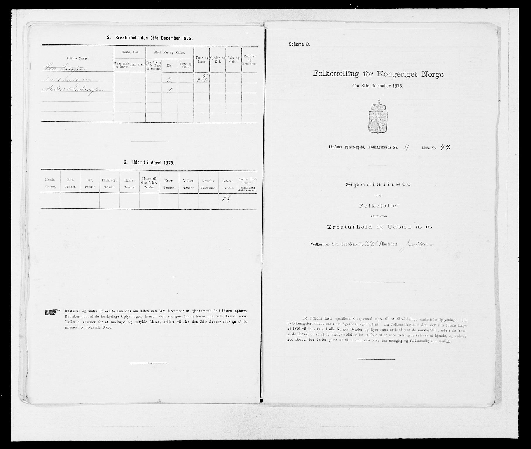 SAB, 1875 census for 1263P Lindås, 1875, p. 376