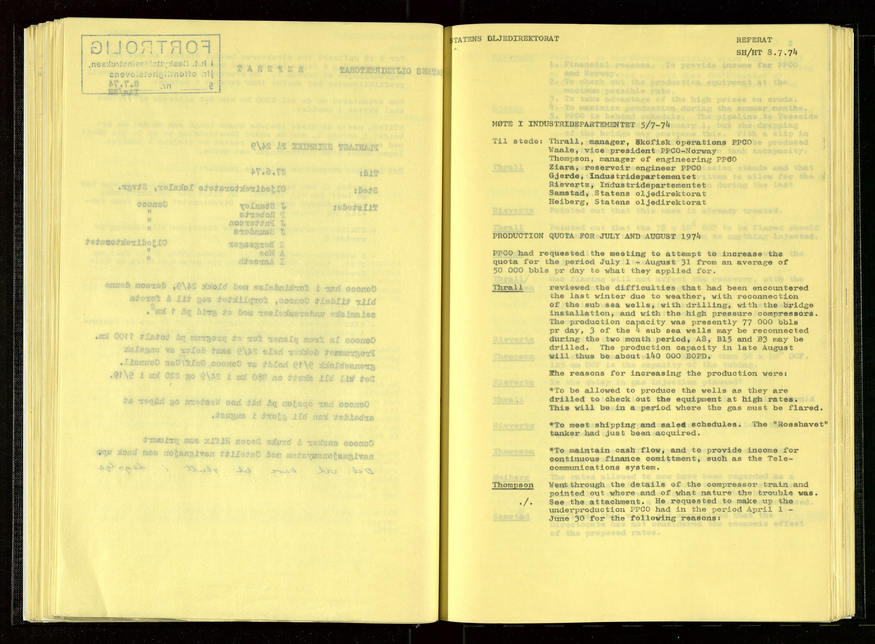 Oljedirektoratet, AV/SAST-A-101366/Aa/L0002: Referatprotokoller, 1974