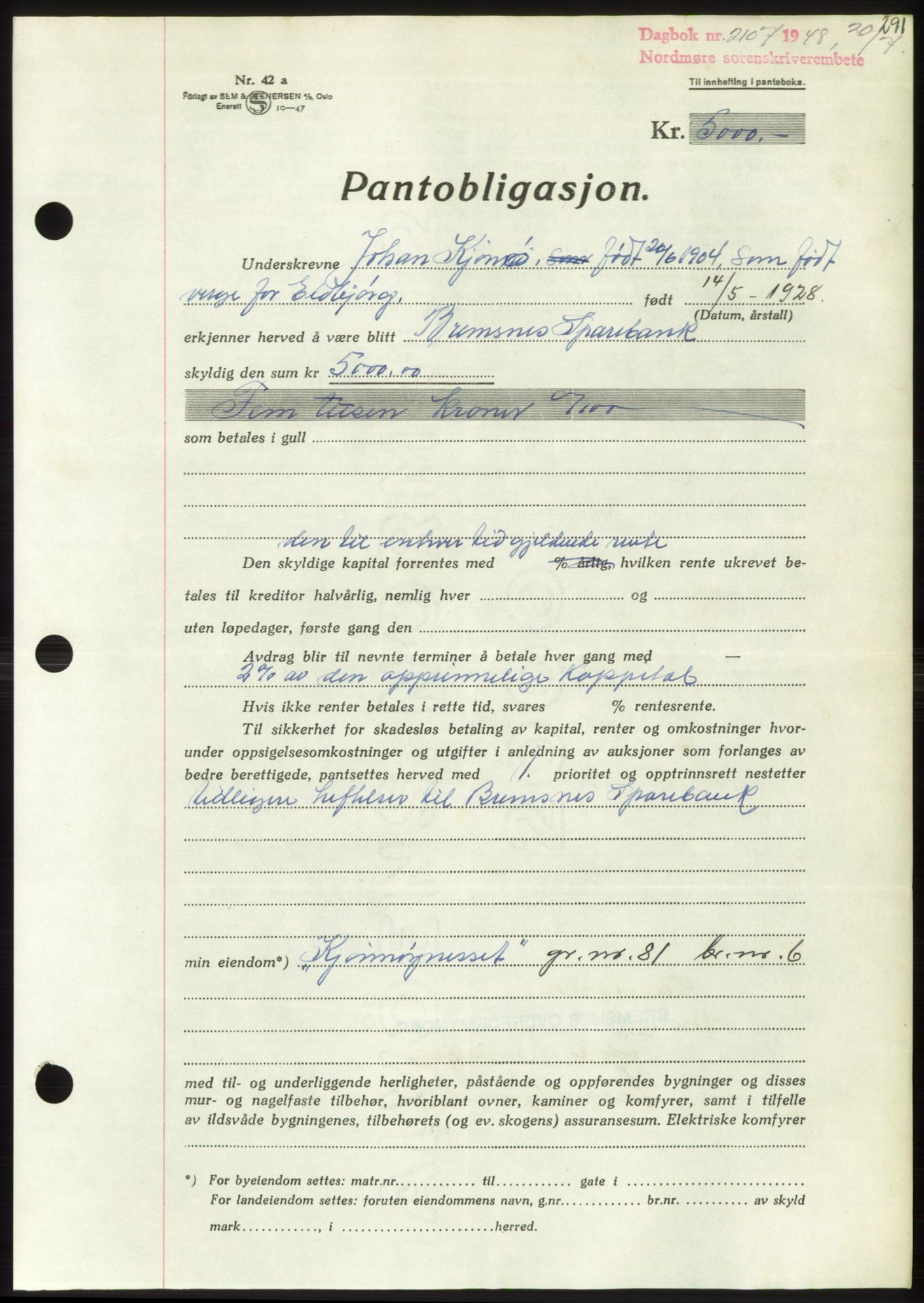 Nordmøre sorenskriveri, AV/SAT-A-4132/1/2/2Ca: Mortgage book no. B99, 1948-1948, Diary no: : 2107/1948