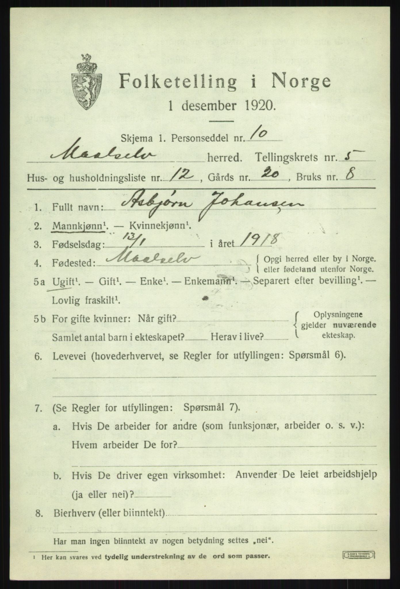 SATØ, 1920 census for Målselv, 1920, p. 3317