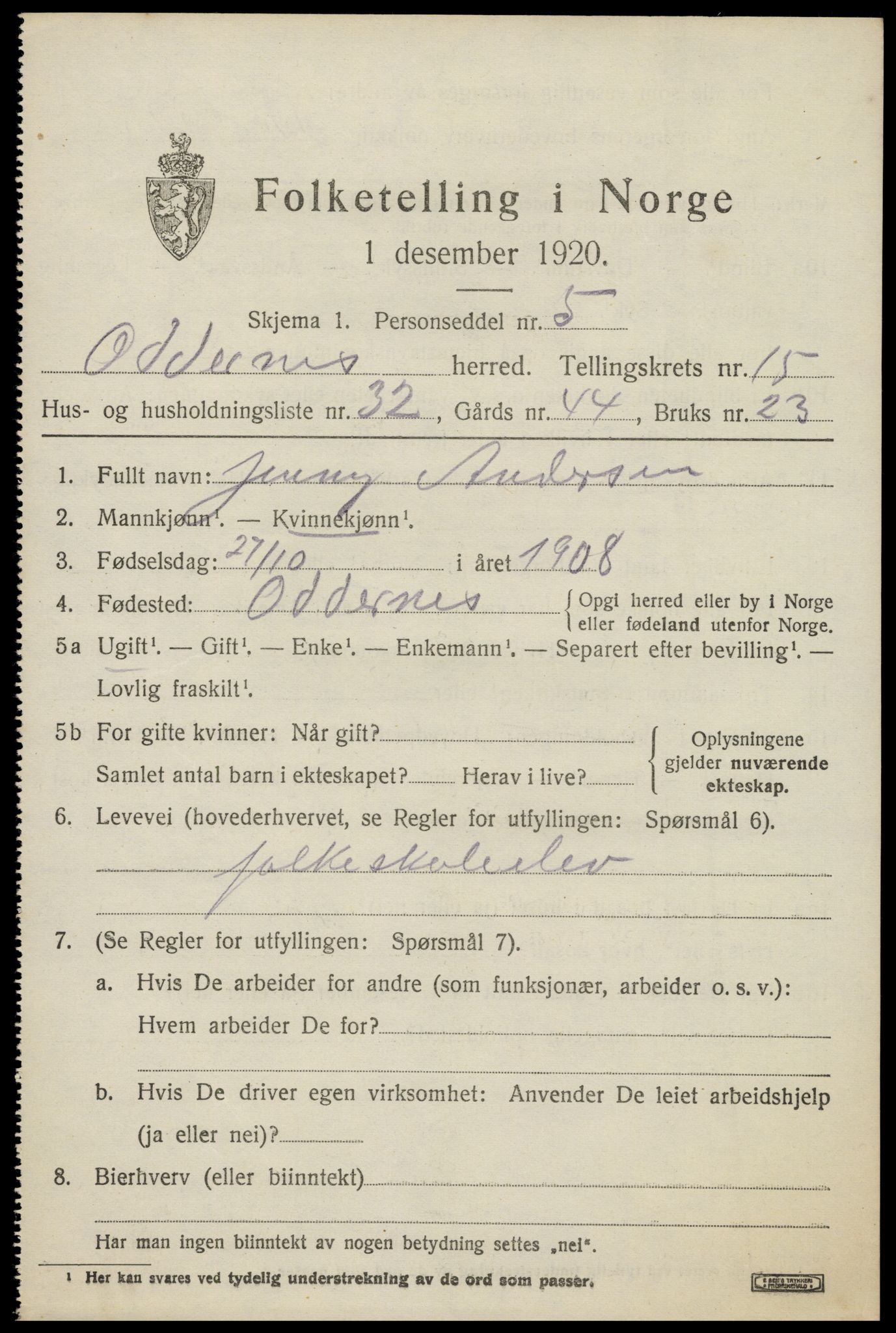SAK, 1920 census for Oddernes, 1920, p. 10349